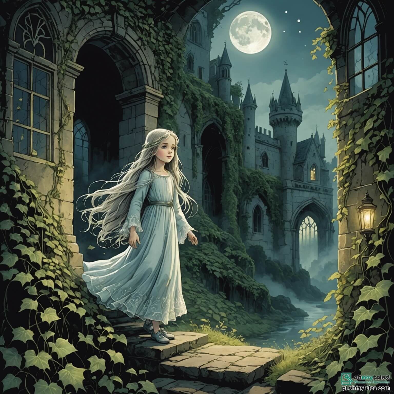 Une illustration destinée aux enfants représentant un fantôme éthéré et délicat, avec de longs cheveux flottants comme des filaments de brume, errant tristement dans un vieux château aux murs de pierre couverts de lierre, où les rayons de lune filtrent à travers des fenêtres brisées, illuminant des portraits poussiéreux de nobles disparus, tandis qu'à ses côtés se tiennent une courageuse petite fille aux yeux pétillants de curiosité et un garçon intrépide, au sourire espiègle, tous deux déterminés à percer le mystère de l'âme perdue qui hante les couloirs sombres et résonnants de ce lieu chargé d'histoires oubliées.