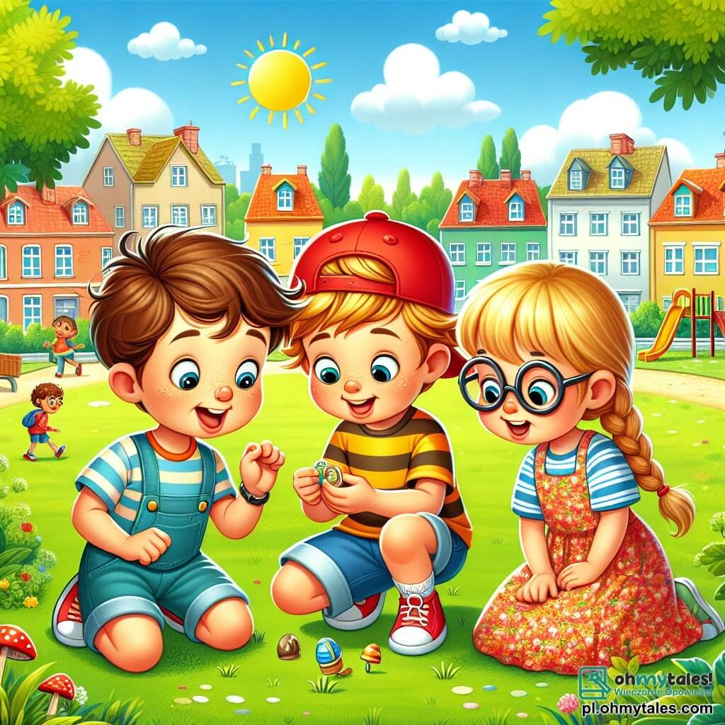 Une illustration sous forme de dessin destinée aux enfants représentant un charmant parc ensoleillé de la petite ville de Zielona Dolina, avec des arbres verdoyants et un terrain de jeux coloré, où un garçon de 7 ans aux cheveux châtains et aux yeux pétillants, vêtu d'un t-shirt rayé et d'un short bleu, est accroupi sur l'herbe, examinant attentivement un petit objet brillant dans sa main, tandis que deux de ses amis, une fille aux cheveux blonds tressés portant une robe à fleurs et un garçon aux lunettes rondes et à la casquette rouge, l'observent avec curiosité, tous trois plongés dans une enquête pour retrouver un jouet perdu.