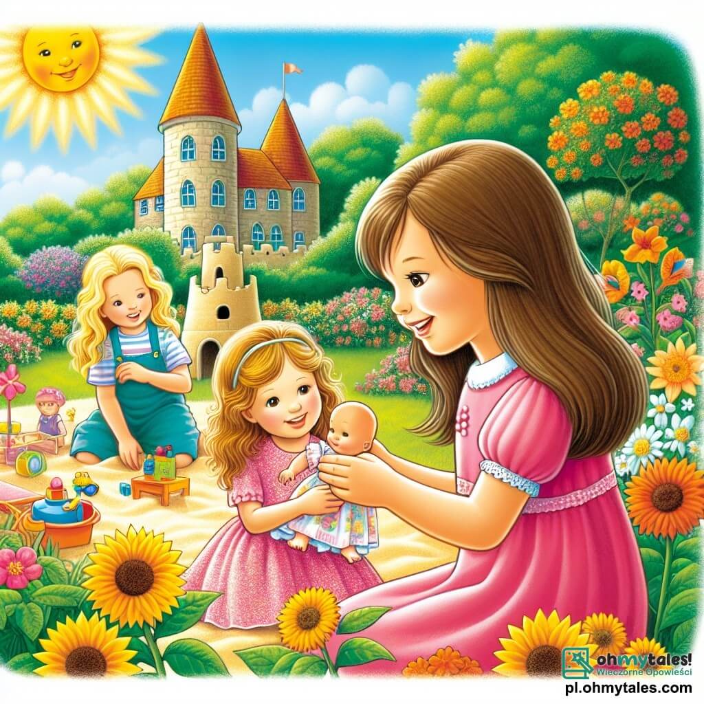 Une illustration sous forme de dessin destinée aux enfants représentant un jardin ensoleillé avec des fleurs colorées et un petit château de sable, où une fille de 6 ans aux longs cheveux bruns, portant une robe rose, joue joyeusement avec sa poupée, tandis que deux amis, un garçon aux cheveux blonds et une fille aux cheveux châtains, l'observent en souriant, capturant un moment de bonheur et de camaraderie après une période de maladie, symbolisant la joie de retrouver la santé et l'amitié.