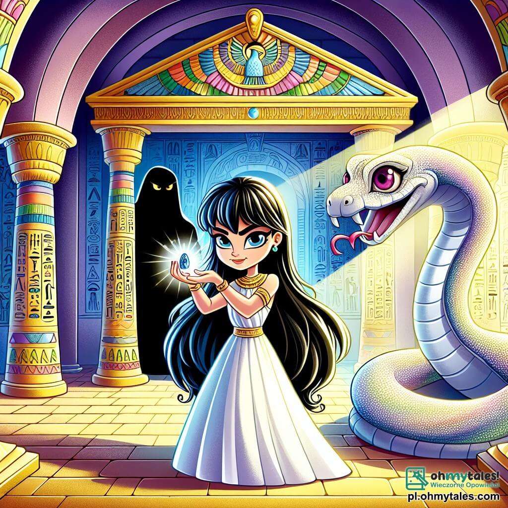 Une illustration sous forme de dessin destinée aux enfants représentant l'intérieur d'une ancienne et majestueuse temple égyptien, avec des murs ornés de hiéroglyphes colorés et des colonnes dorées, où une jeune femme aux longs cheveux noirs et à la robe blanche fluide, tenant un amulet brillant dans ses mains, se tient courageusement au centre, tandis qu'un grand serpent aux écailles scintillantes et aux yeux rubis, représentant un gardien mystique, l'observe avec bienveillance, alors qu'une ombre menaçante se profile à l'arrière-plan, symbolisant les forces obscures qu'elle doit affronter pour protéger son monde.