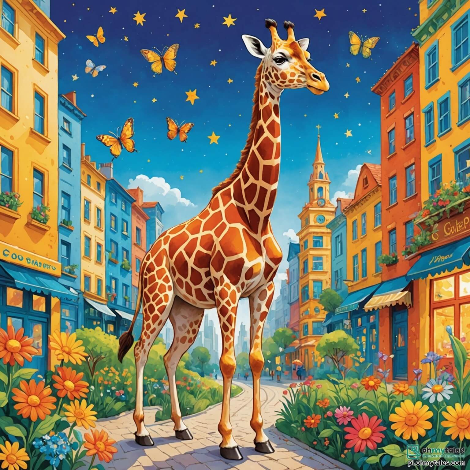 Une illustration destinée aux enfants représentant une girafe au long cou, aux taches dorées scintillantes comme des étoiles, se promenant joyeusement dans une ville colorée où les bâtiments sont peints de mille couleurs vives, avec un petit lapin aux grandes oreilles, triste et perdu, cherchant sa précieuse carotte dans un jardin luxuriant rempli de fleurs éclatantes et de papillons dansant sous un ciel bleu azur.