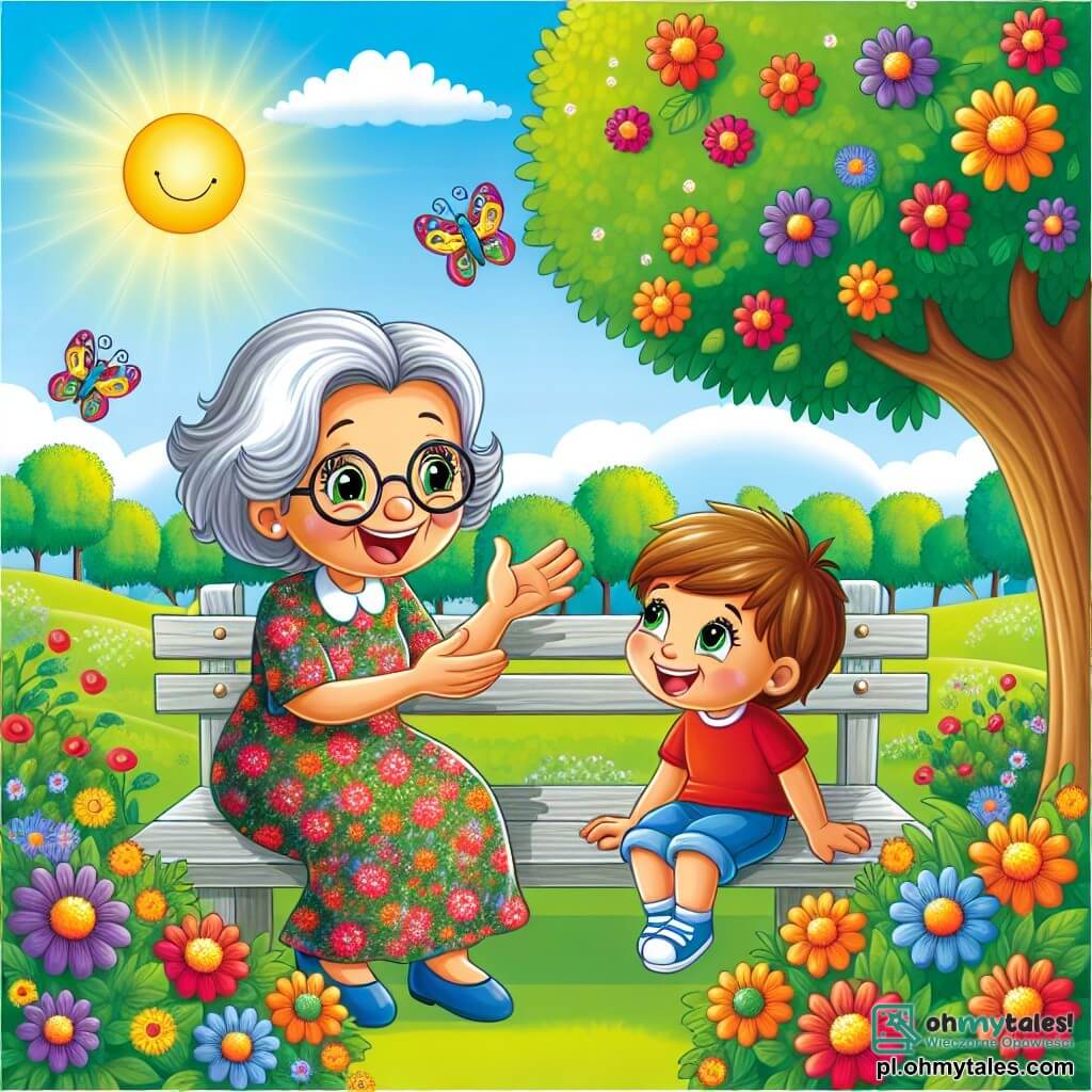Une illustration sous forme de dessin destinée aux enfants représentant un parc ensoleillé avec des arbres colorés et des fleurs éclatantes, où une femme âgée aux cheveux gris et aux lunettes rondes, vêtue d'une robe fleurie, est assise sur un banc en bois, souriante et gesticulant joyeusement en racontant des histoires à un petit garçon aux cheveux bruns, vêtu d'un t-shirt rouge et d'un short bleu, qui l'écoute attentivement avec des yeux brillants d'émerveillement, tandis qu'un papillon coloré vole autour d'eux, symbolisant la magie de l'apprentissage et de la découverte.
