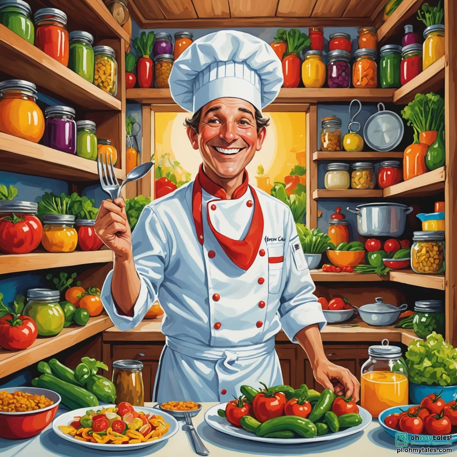 Une illustration destinée aux enfants représentant un chef cuisinier jovial, un homme à la stature imposante et au sourire éclatant, vêtu d'une toque blanche majestueuse et d'une veste de cuisine éclatante, s'affairant dans une cuisine colorée et animée, où les murs sont ornés de tableaux de plats appétissants et les étagères débordent de bocaux de légumes frais, d'épices parfumées et de fruits juteux, tandis qu'une joyeuse bande d'enfants, des garçons et des filles aux yeux pétillants d'excitation, l'entoure avec enthousiasme, prêts à apprendre les secrets de la cuisine, dans un cadre chaleureux où l'odeur délicieuse des plats mijotés emplit l'air et où les rires résonnent comme une douce mélodie.