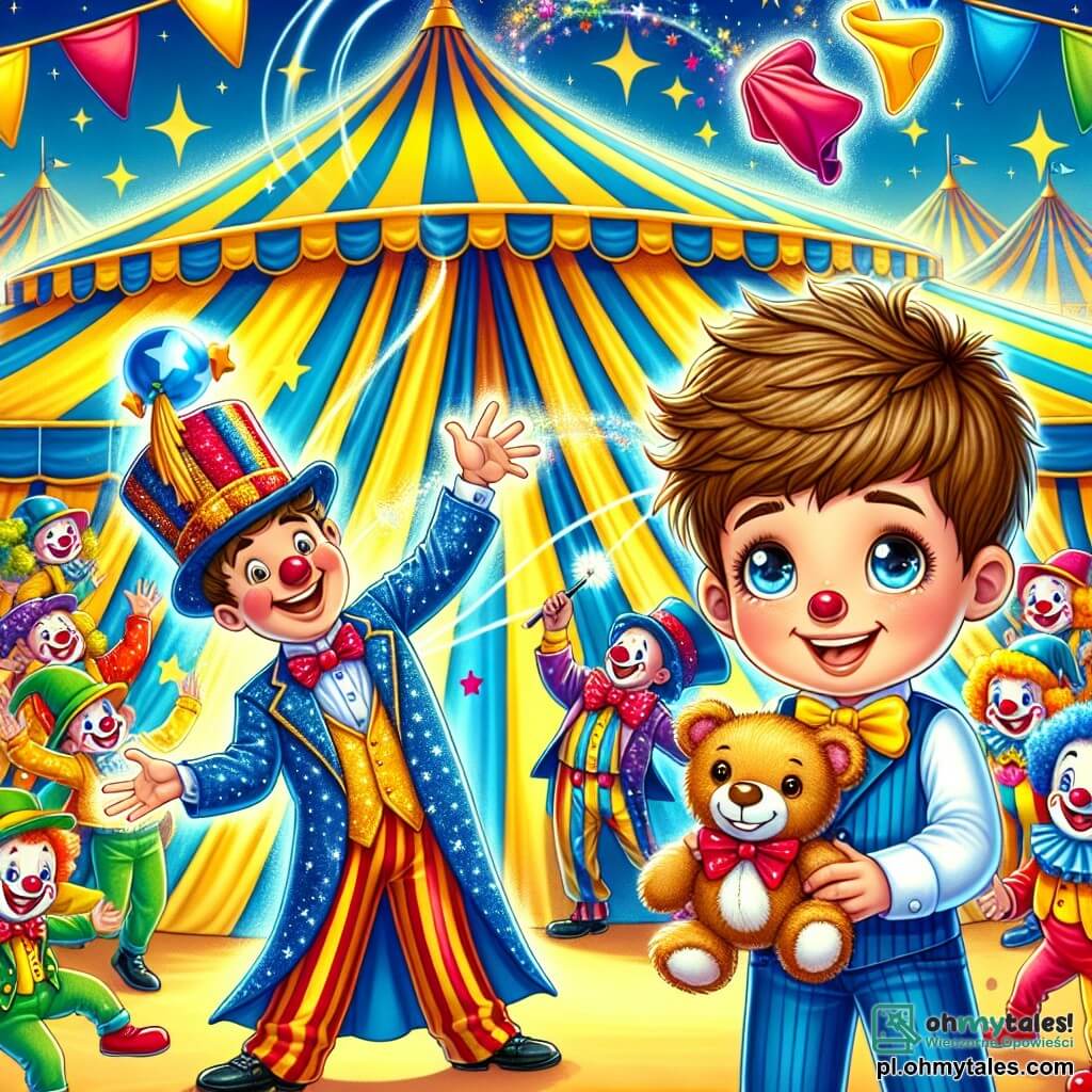 Une illustration sous forme de dessin destinée aux enfants représentant un grand cirque coloré avec un immense chapiteau rayé de bleu et de jaune, où un garçon de 7 ans aux cheveux bruns et aux yeux pétillants, tenant un petit ours en peluche, sourit en observant un magicien en costume scintillant, avec un grand chapeau haut de forme, qui tente de récupérer des chusteczek colorées en les faisant danser dans les airs, tandis que des clowns joyeux aux nez rouges et aux costumes éclatants s'affairent autour d'eux, créant une atmosphère magique et festive pleine de rires et d'émerveillement.