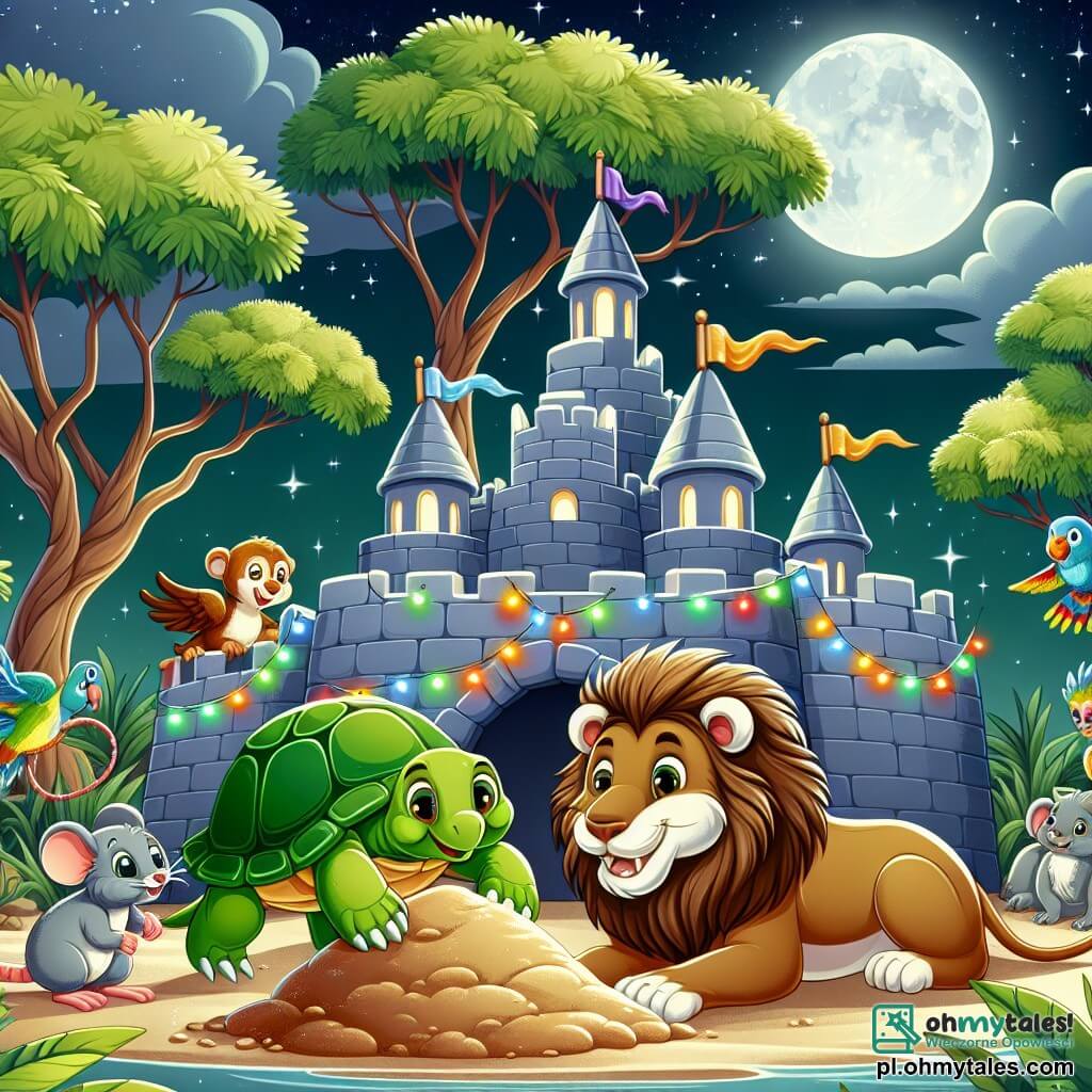 Ilustracja przedstawiająca magiczną scenę w nocnym zoo, oświetloną srebrnym blaskiem księżyca. Na środku stoi żółw z zieloną, błyszczącą skorupą i błyszczącymi z ciekawości oczami na małym stosie piasku, z zachwytem obserwując zamek z piasku, który pomógł zbudować. Obok niego dumny i uśmiechnięty majestatyczny lew z płomienną, złotą grzywą, a mała szara myszka z okrągłymi uszami i figlarnymi oczami dodaje szczegóły do zamku. W tle, pod gwiaździstym niebem, wznoszą się liściaste drzewa, a inne zwierzęta, takie jak małpy i kolorowe papugi, bawią się wokół, tworząc radosną i festywną atmosferę. Flagi z liści i girlandy kwiatów dekorują zamek, dodając koloru i magii tej nocnej scenie pełnej śmiechu i przyjaźni.