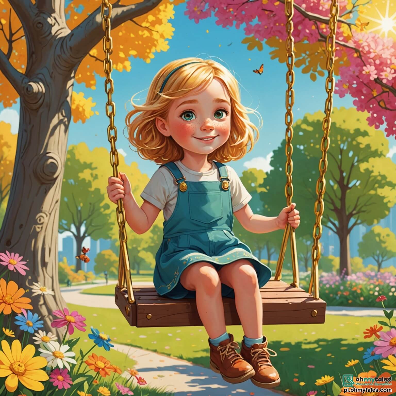 Une illustration destinée aux enfants représentant une petite fille aux cheveux dorés et aux yeux pétillants, assise sur une huśtawka colorée dans un parc ensoleillé, entourée de fleurs multicolores et d'arbres majestueux, qui, malgré ses difficultés à marcher, rayonne de joie en jouant avec sa nouvelle amie, une autre petite fille aux cheveux bruns et aux taches de rousseur, qui l'encourage à s'amuser et à explorer le monde qui les entoure, tandis que le doux bruit des rires d'autres enfants et le chant des oiseaux créent une mélodie harmonieuse dans ce coin de paradis.