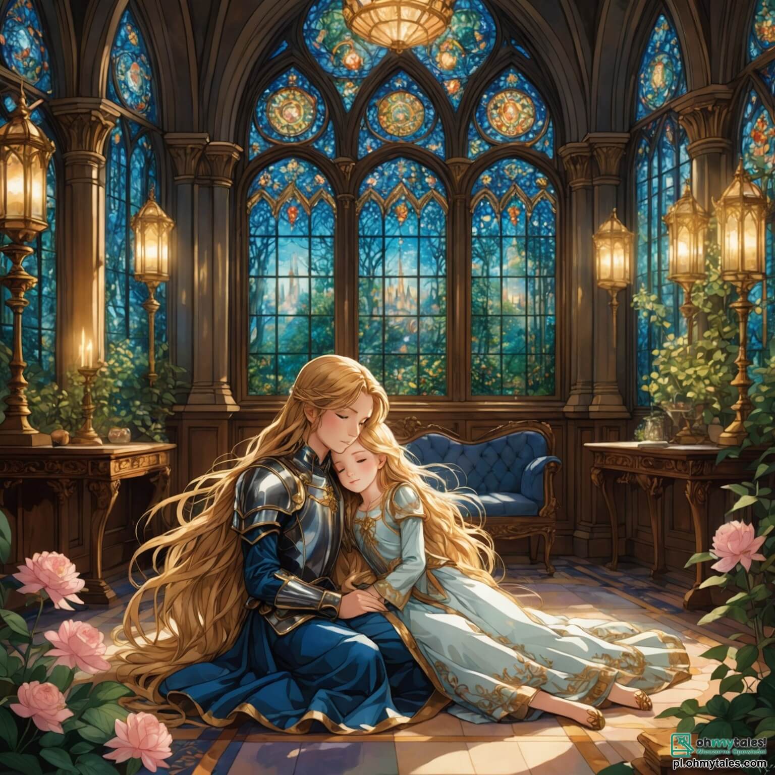 Une illustration destinée aux enfants représentant une ravissante jeune fille aux longs cheveux dorés, endormie paisiblement dans une magnifique chambre ornée de tapisseries délicates et de lustres scintillants, entourée de fleurs parfumées et de doux rayons de lumière filtrant à travers de grandes fenêtres en vitrail, tandis qu'un vaillant prince au regard déterminé, vêtu d'une armure brillante, se fraye un chemin à travers une forêt enchantée peuplée d'arbres majestueux aux troncs noueux et de lianes verdoyantes, pour briser le sortilège d'un sommeil éternel, avec en toile de fond une méchante sorcière au visage tordu et aux yeux perçants, planifiant dans l'ombre de son château sombre et mystérieux, où la magie et le danger se mêlent dans une danse éternelle.