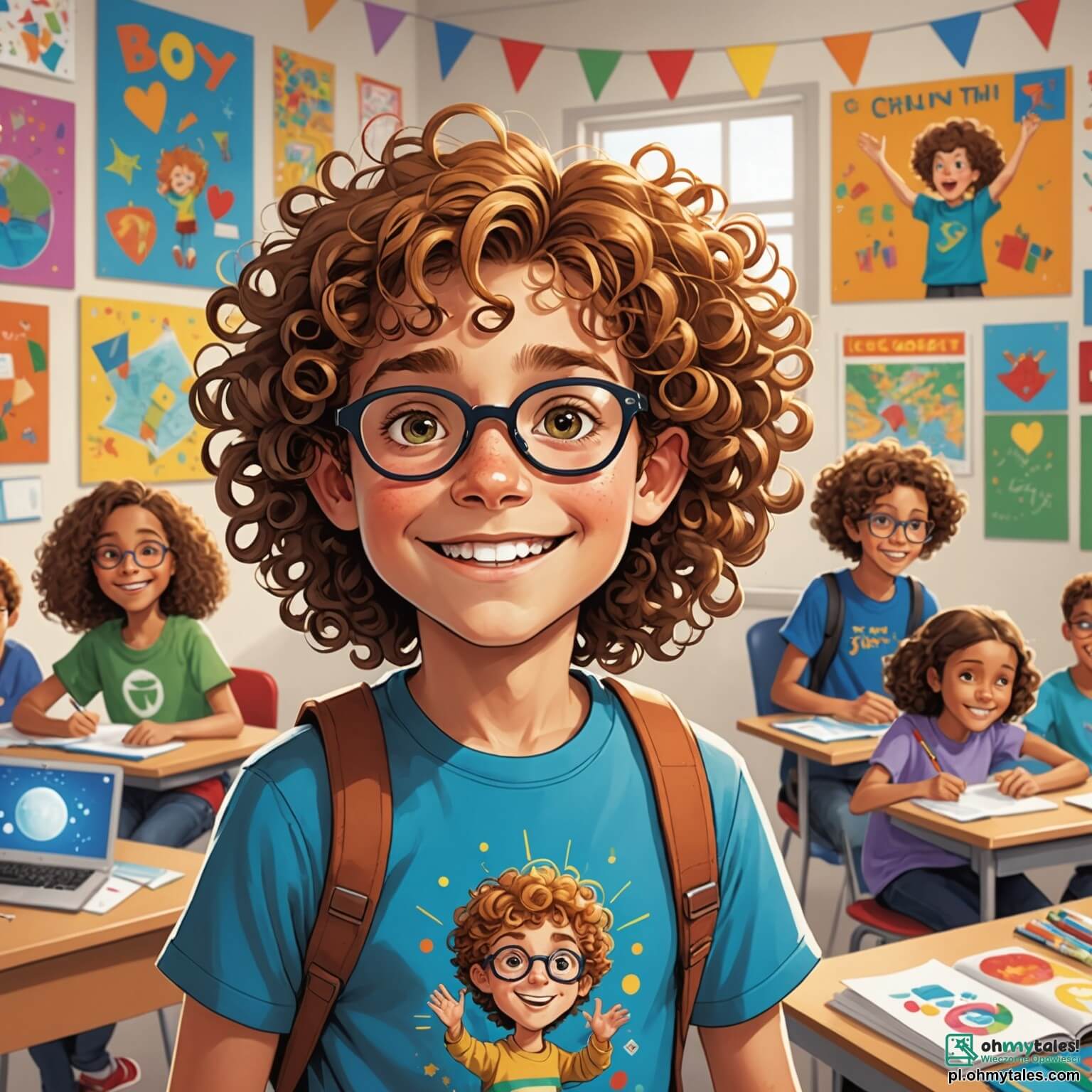 Une illustration destinée aux enfants représentant un garçon de dix ans aux cheveux bouclés et dorés, les yeux pétillants d'excitation, se tenant au milieu d'une salle de classe lumineuse aux murs ornés de dessins colorés et de posters inspirants, entouré de ses camarades, dont une fille aux cheveux longs et bruns qui rêve de devenir artiste, un garçon aux lunettes épaisses passionné par les ordinateurs, et une autre fille aux tresses qui adore le sport, tous unis dans un projet scolaire sur l'égalité des genres, où ils découvrent ensemble les réalisations remarquables des femmes et des hommes à travers l'histoire, tout en apprenant à valoriser leurs différences et à s'entraider dans un esprit de camaraderie et de respect.
