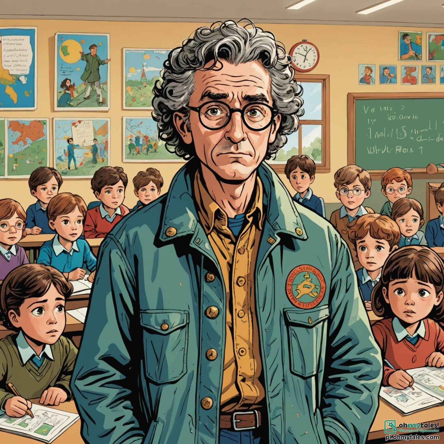 Une illustration destinée aux enfants représentant un homme au regard déterminé et empreint de sagesse, vêtu d'une veste usée par le temps, se tenant dans une salle de classe lumineuse aux murs ornés de dessins d'enfants évoquant la paix, tandis qu'il explique avec passion les horreurs de la guerre à ses jeunes élèves, dont une petite fille aux cheveux bouclés et aux yeux pétillants, qui l'écoute attentivement, et un garçon aux lunettes rondes, qui lève la main pour poser des questions, le tout se déroulant dans un petit village pittoresque où les rires d'enfants résonnent à l'extérieur, contrastant avec les souvenirs sombres du passé que l'homme partage avec eux, dans l'espoir de leur enseigner l'importance de l'empathie et de la solidarité.