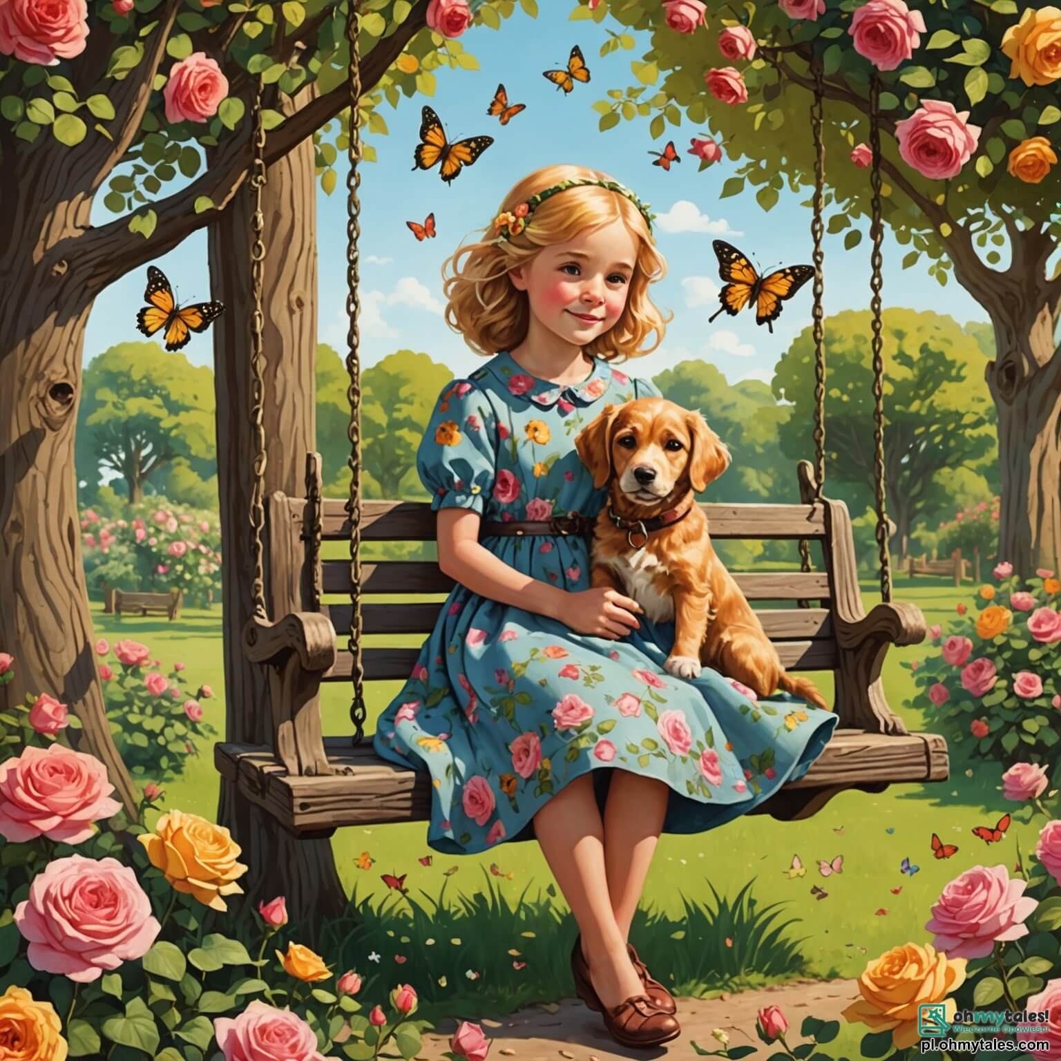 Une illustration destinée aux enfants représentant une petite fille aux cheveux dorés, vêtue d'une robe à fleurs, assise sur une balançoire en bois dans un jardin luxuriant rempli de roses éclatantes, de papillons virevoltants et d'un vieux chêne majestueux, qui réfléchit avec mélancolie à la perte de son fidèle chien, tandis qu'une douce grand-mère au sourire apaisant l'observe depuis un banc, entourée de lilas parfumés.