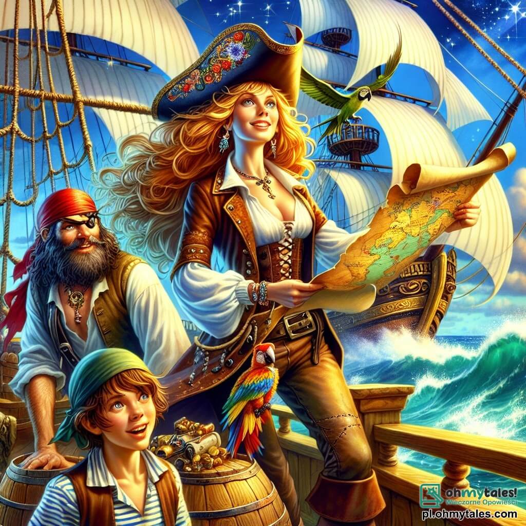 Illustration destinée aux enfants représentant une scène vibrante sur le pont d'un majestueux navire pirate, le "Złoty Delfin", avec des voiles blanches flottant au vent et des vagues scintillantes sous un ciel bleu éclatant. Au centre, une femme pirate courageuse, avec de longs cheveux dorés qui brillent comme le soleil, porte un chapeau à large bord et une veste en cuir ornée de broderies colorées, brandissant une carte au trésor avec un sourire déterminé. À ses côtés, un jeune garçon aux cheveux bruns, vêtu d'une chemise rayée et d'un pantalon usé, regarde avec émerveillement la carte, tandis qu'un homme musclé avec une barbe hirsute et un bandana rouge, tenant une hache, observe les environs avec vigilance. La scène dégage une atmosphère d'aventure et de camaraderie, avec des tonneaux de trésors et des perroquets colorés perchés sur le mât, tandis qu'une tempête lointaine menace à l'horizon, ajoutant une touche de suspense à cette quête de trésor.