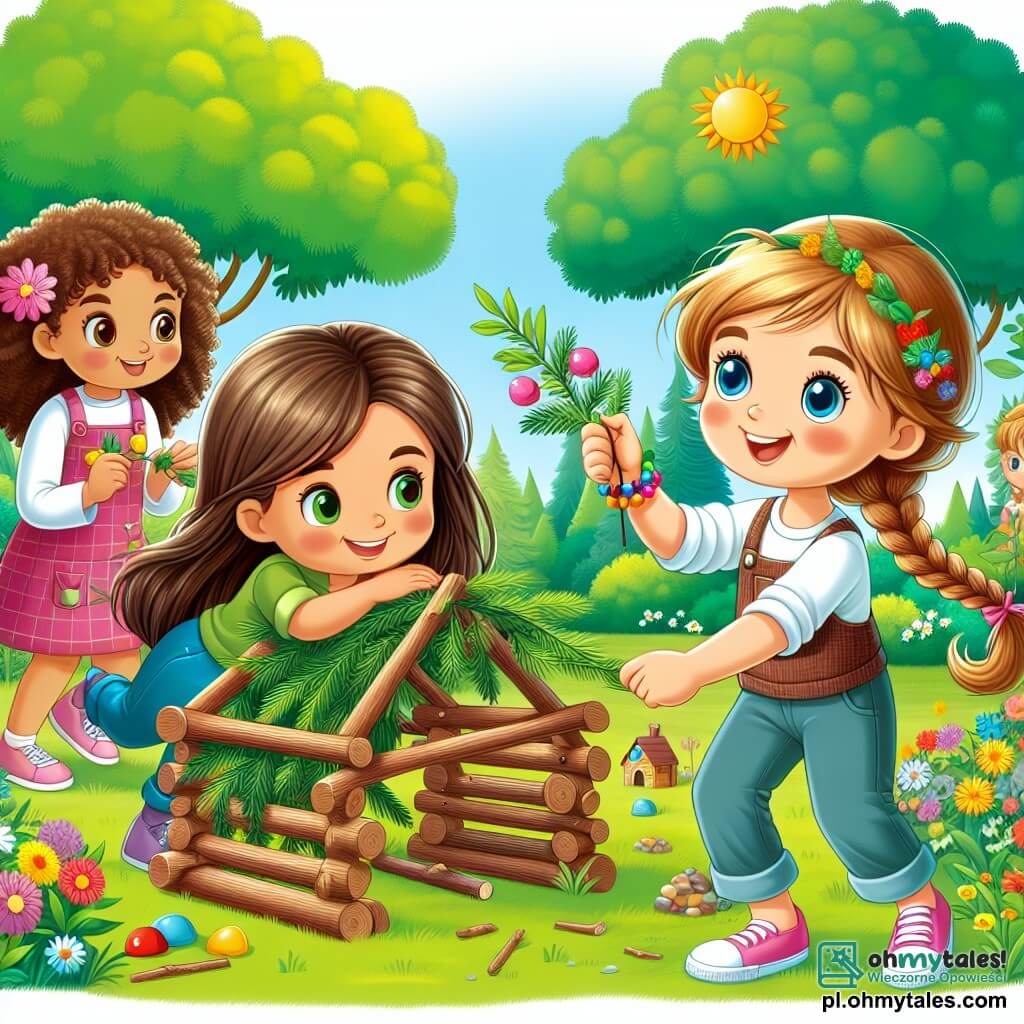 Une illustration sous forme de dessin destinée aux enfants représentant un parc ensoleillé avec des arbres verdoyants et des fleurs colorées, où une fille de 7 ans aux longs cheveux bruns tressés, souriante et pleine d'énergie, construit un petit abri en bois avec des branches et des feuilles, tandis qu'à ses côtés, une autre fille de 7 ans aux cheveux bouclés et aux yeux bleus l'aide en tenant des pierres colorées, et une troisième fille de 8 ans, confiante, les observe avec curiosité, illustrant ainsi le thème de l'amitié et de la collaboration dans un cadre joyeux et ludique.
