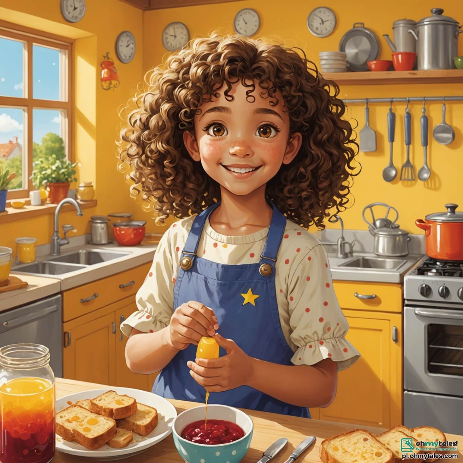 Une illustration destinée aux enfants représentant une petite fille pétillante aux cheveux bouclés et aux yeux brillants comme des étoiles, se tenant dans une cuisine chaleureuse aux murs jaunes ornés de dessins colorés, où un doux parfum de pain grillé et de confiture flotte dans l'air, alors qu'elle s'affaire joyeusement avec son papa, un homme au sourire bienveillant et à la barbe poivre et sel, pour préparer une surprise spéciale pour la fête des pères, tandis que sa maman, une femme douce et attentionnée, les observe avec tendresse depuis le seuil de la porte, le tout baigné par la lumière dorée du matin qui filtre à travers les rideaux à fleurs.