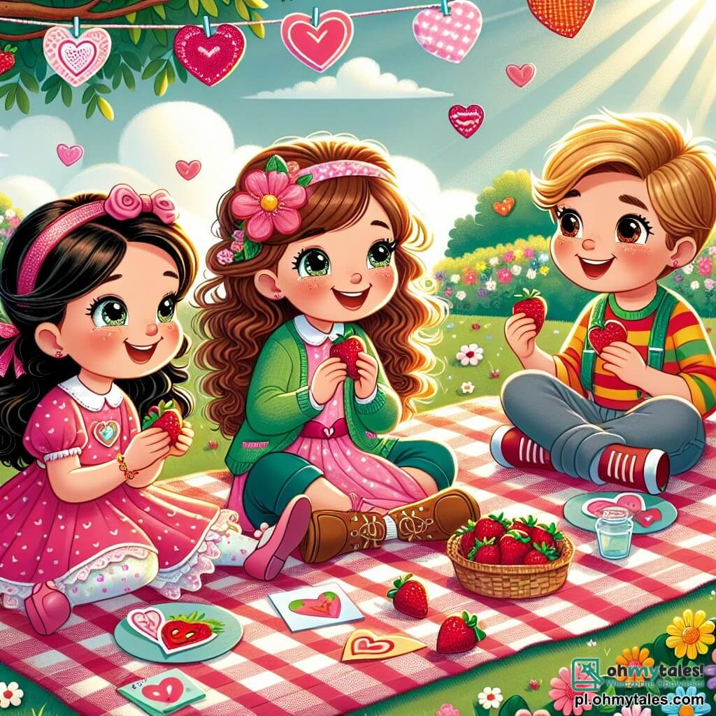 Une illustration sous forme de dessin destinée aux enfants représentant un parc ensoleillé décoré de cœurs en papier et de fleurs colorées, où une petite fille de 5 ans aux cheveux bouclés et aux yeux pétillants, vêtue d'une robe rose, est assise sur un plaid à carreaux avec un grand sourire, en train de partager des tranches de fraises avec son meilleur ami, un garçon aux cheveux châtains et aux lunettes, tandis qu'une autre petite fille aux cheveux tressés et portant une jupe rouge les regarde joyeusement, tous trois s'amusant à créer des cartes de Saint-Valentin et à célébrer l'amitié.
