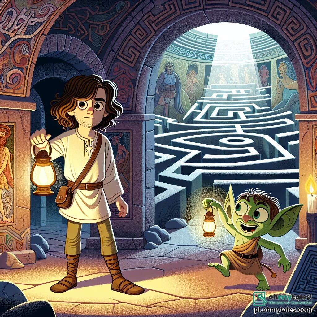 Ilustracja przedstawiająca rozległy podziemny labirynt, z murami z antycznego kamienia ozdobionymi kolorowymi freskami przedstawiającymi sceny mitologiczne. W centrum obrazu młody mężczyzna o długich, kręconych brązowych włosach, ubrany w lekką tunikę, stoi z determinacją, trzymając lampę w ręku, oświetlając swoją drogę w ciemności. Obok niego mały, figlarny goblin z zieloną skórą i dużymi spiczastymi uszami radośnie tańczy, wskazując drogę do przodu. Scena uchwyca moment, w którym młody mężczyzna, z pewnym uśmiechem, przygotowuje się do rozwiązania zagadki, aby przejść w labiryncie. Tajemnicze cienie i błyski światła z lampy dodają magicznej atmosfery, podczas gdy na murach wyryte są starożytne symbole, wzmacniające fantastyczny charakter otoczenia.