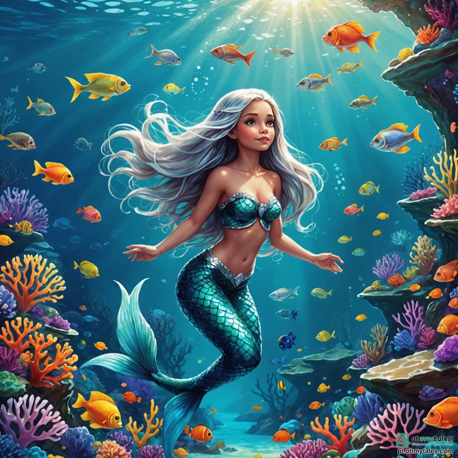 Une illustration destinée aux enfants représentant une magnifique sirène aux longs cheveux argentés, nageant gracieusement dans des eaux cristallines, entourée de poissons colorés et de coraux éclatants, alors qu'elle tente de protéger son royaume sous-marin d'un redoutable sorcier maléfique, avec l'aide d'un courageux petit garçon aux yeux pétillants, le tout se déroulant dans un océan scintillant, où les rayons du soleil dansent sur les vagues et illuminent les trésors cachés au fond des profondeurs.