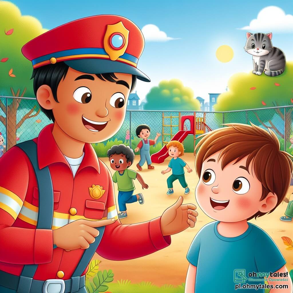 Une illustration sous forme de dessin destinée aux enfants représentant un grand et coloré parc de jeux ensoleillé, avec un homme pompier en uniforme rouge, portant une casquette et un grand sourire, qui parle avec un garçon aux cheveux bruns et aux yeux pétillants, vêtu d'un t-shirt bleu, tandis qu'en arrière-plan, des enfants jouent joyeusement dans une aire de jeux, et un petit chaton perché sur une branche d'arbre observe la scène, symbolisant l'esprit d'entraide et d'aventure de l'histoire.
