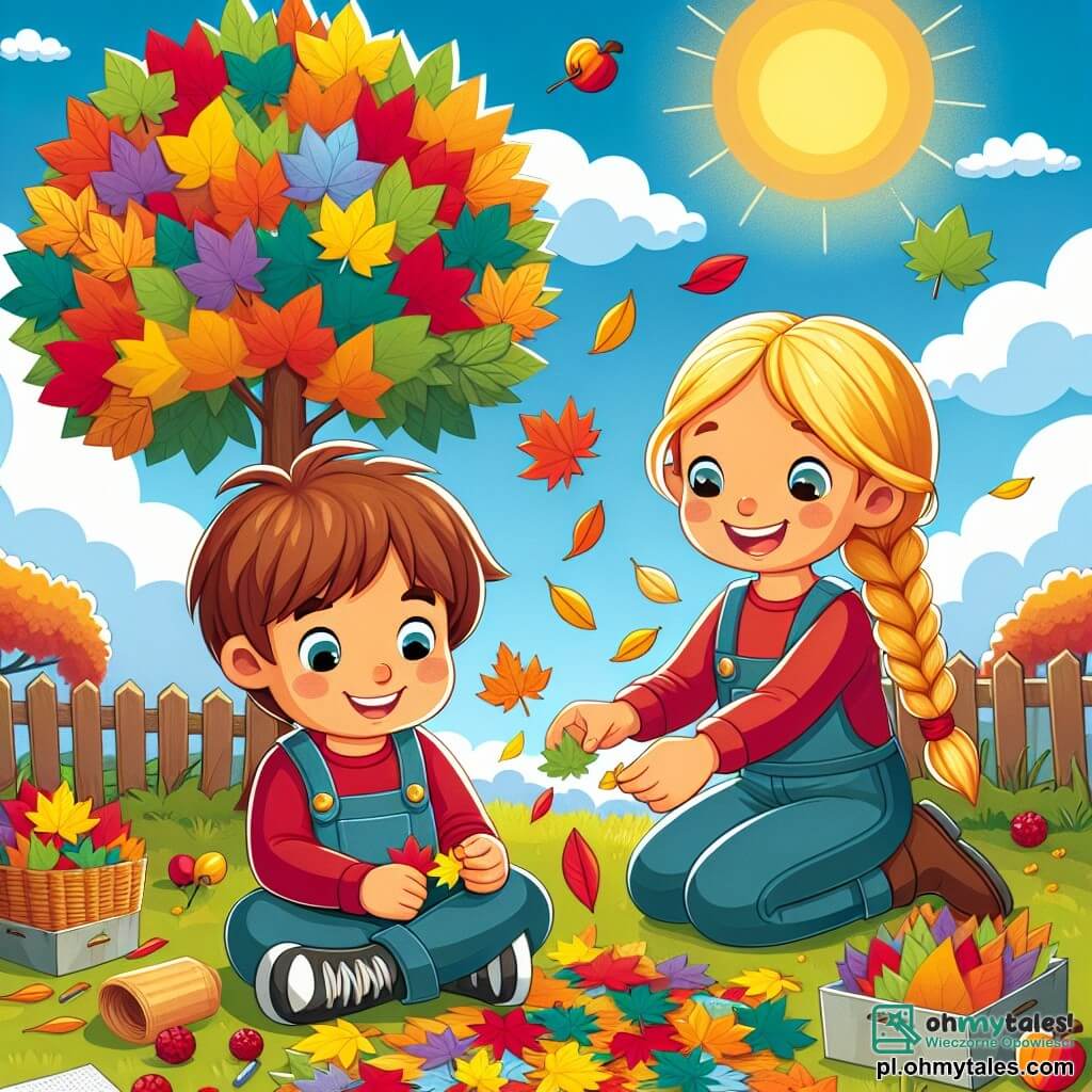 Une illustration sous forme de dessin destinée aux enfants représentant un jardin d'automne vibrant de couleurs, avec un garçon de 5 ans aux cheveux châtains et aux yeux pétillants, assis sur l'herbe, concentré sur l'assemblage de feuilles multicolores pour créer un arbre en papier, tandis qu'une fille aux cheveux blonds et tressés, souriante, l'aide en lui tendant des petites baies rouges, le tout sous un ciel bleu clair parsemé de nuages légers, évoquant une journée ensoleillée et joyeuse.