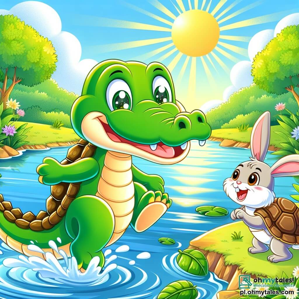 Une illustration sous forme de dessin destinée aux enfants représentant un joyeux lac ensoleillé, entouré de verdure luxuriante, où un crocodile souriant, avec une peau verte éclatante et de grands yeux pétillants, saute joyeusement dans l'eau, tandis qu'un tortue à la carapace brune et un petit lapin aux grandes oreilles blanches l'encouragent depuis le bord, créant une ambiance de camaraderie et de plaisir, alors qu'ils s'apprêtent à jouer ensemble à un jeu de cache-cache.