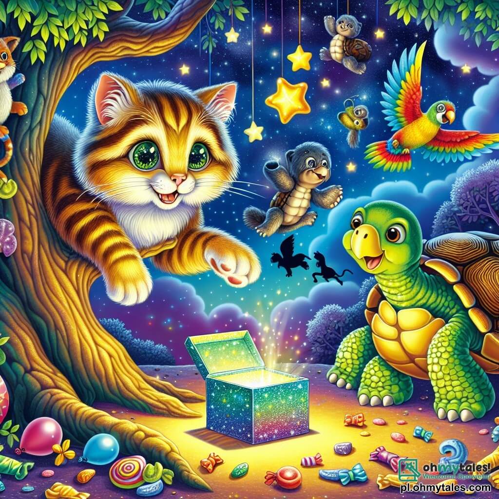 Ilustracja przedstawiająca magiczną scenę w kolorowym zoo pod gwiaździstym niebem. W centrum, kot o błyszczących zielonych oczach i złotym futrze, siedzący na gałęzi drzewa, z ciekawością przygląda się małej świecącej skrzynce leżącej na ziemi. Kot ma figlarną postawę, z uniesioną łapą, gotowy do skoku. U jego stóp, stara żółwica z chropowatą skorupą, z mądrymi oczami i przyjaznym uśmiechem, uważnie obserwuje sytuację. Niedaleko, wesoły papuga o kolorowych piórach krąży w powietrzu, wykonując piruety. Skrzynka świecąca otoczona jest kolorowymi balonami i słodyczami, tworząc radosną i zabawną atmosferę. W tle rysują się cienie innych zwierząt, dodając tajemniczości tej nocnej przygodzie.