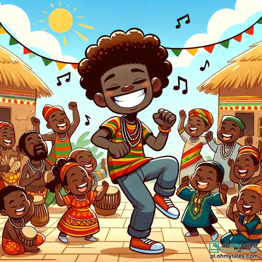 Une illustration sous forme de dessin destinée aux enfants représentant une vibrante scène de la wioska Kwanza, avec un jeune homme aux cheveux crépus et au sourire éclatant, dansant joyeusement au milieu d'un groupe de villageois aux vêtements colorés, hommes et femmes, qui l'entourent en chantant et en jouant des instruments traditionnels, tandis que des enfants rient et imitent les pas de danse, le tout sous un ciel ensoleillé et un décor de maisons en terre cuite ornées de motifs africains, capturant l'esprit de la diversité culturelle et de la joie collective.