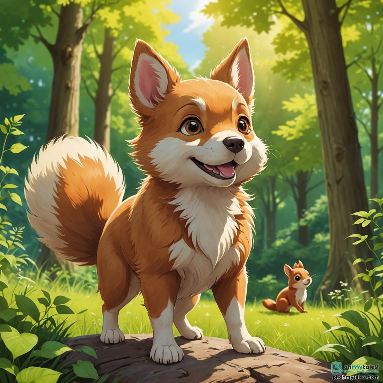 Une illustration destinée aux enfants représentant un chien à la fourrure dorée, aux yeux pétillants de curiosité et de malice, se tenant fièrement au bord d'une clairière ensoleillée, entourée de majestueux arbres aux feuilles verdoyantes qui dansent doucement au gré du vent, tandis qu'une petite wiewiórka espiègle, aux joues rebondies et au pelage roux, l'observe avec un sourire complice, alors qu'ils s'apprêtent à vivre une aventure palpitante dans la forêt enchantée, où les rayons du soleil filtrent à travers les branches, créant des motifs lumineux sur le sol tapissé de fleurs colorées et de mousse douce, promettant des découvertes merveilleuses et des amitiés inattendues.