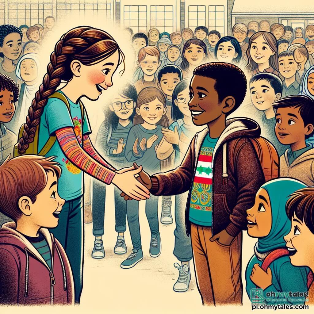Une illustration sous forme de dessin destinée aux enfants représentant une cour d'école animée, avec une fille de 11 ans aux longs cheveux bruns tressés, portant un t-shirt coloré et un sourire chaleureux, qui tend la main vers un garçon d'origine syrienne, aux cheveux bruns et à la peau olive, vêtu d'un sweat à capuche, tandis qu'un groupe d'enfants aux visages curieux les entoure, illustrant un moment de solidarité et d'acceptation alors qu'ils se rassemblent pour accueillir le nouveau camarade, symbolisant l'importance de l'amitié et du respect dans un contexte de diversité culturelle.