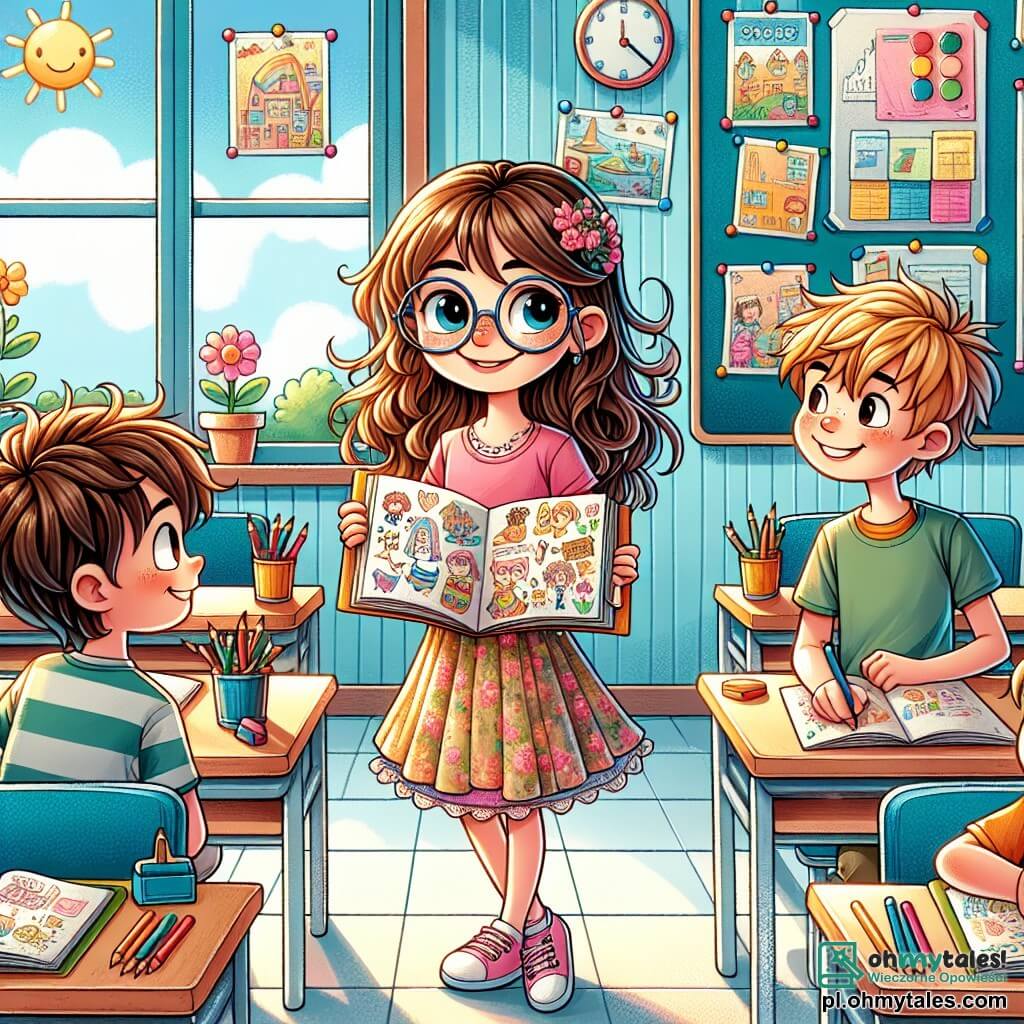 Ilustracja przedstawiająca jasną i kolorową klasę, z niebieskimi ścianami i powieszonymi plakatami edukacyjnymi. Drewniane biurka są ustawione w rzędach, każde ozdobione kolorowymi przyborami szkolnymi. W centrum stoi 11-letnia dziewczynka z długimi brązowymi włosami i okrągłymi okularami, z szerokim uśmiechem, trzymająca zeszyt szkiców wypełniony rysunkami. Ma na sobie różowy t-shirt i spódnicę w kwiaty, a jej entuzjazm do dzielenia się swoimi pracami jest widoczny. Obok niej dwóch chłopców w wieku około 11 lat, jeden z rozczochranymi blond włosami, a drugi z brązowymi włosami i okularami, uważnie słucha. Pierwszy, ubrany w niebieski t-shirt, trzyma gitarę, a drugi, w zielonym t-shircie, z podziwem patrzy na zeszyt. Główna sytuacja pokazuje dziewczynkę prezentującą swoje rysunki kolegom, otoczoną radosną i współpracującą atmosferą, w której każdy dzieli się swoimi talentami. Kolorowe kredki i kartki papieru są rozsypane po biurkach, a okno wpuszcza światło słoneczne, oświetlając scenę ciepłą i przyjazną atmosferą.