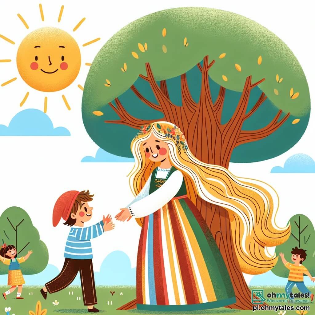 Une illustration sous forme de dessin destinée aux enfants représentant un parc ensoleillé avec un grand arbre au centre, où une petite fille de 3 ans aux cheveux longs et dorés, portant une robe colorée, tend la main à un garçon aux cheveux bruns et à la casquette rouge, les deux souriant joyeusement alors qu'ils s'apprêtent à grimper ensemble dans un grand arbre, symbolisant l'égalité des genres et l'amitié, entourés d'autres enfants jouant à proximité, tous unis dans la joie et le partage.