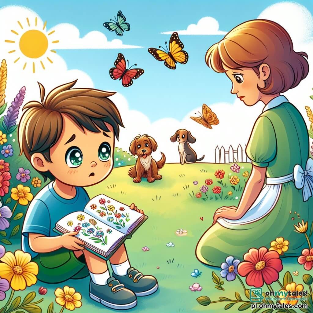 Une illustration sous forme de dessin destinée aux enfants représentant un jardin ensoleillé, rempli de fleurs colorées et de papillons virevoltant, où un garçon de 5 ans aux cheveux bruns et aux yeux pétillants, vêtu d'un t-shirt bleu et de shorts verts, s'accroupit avec un air triste, tenant un album de dessins dans ses mains, tandis qu'une femme douce aux cheveux châtains, habillée d'une robe légère, l'observe avec compassion, évoquant un moment de séparation avec un petit chien au loin, symbolisant l'amour et la mémoire qui perdurent malgré l'absence.