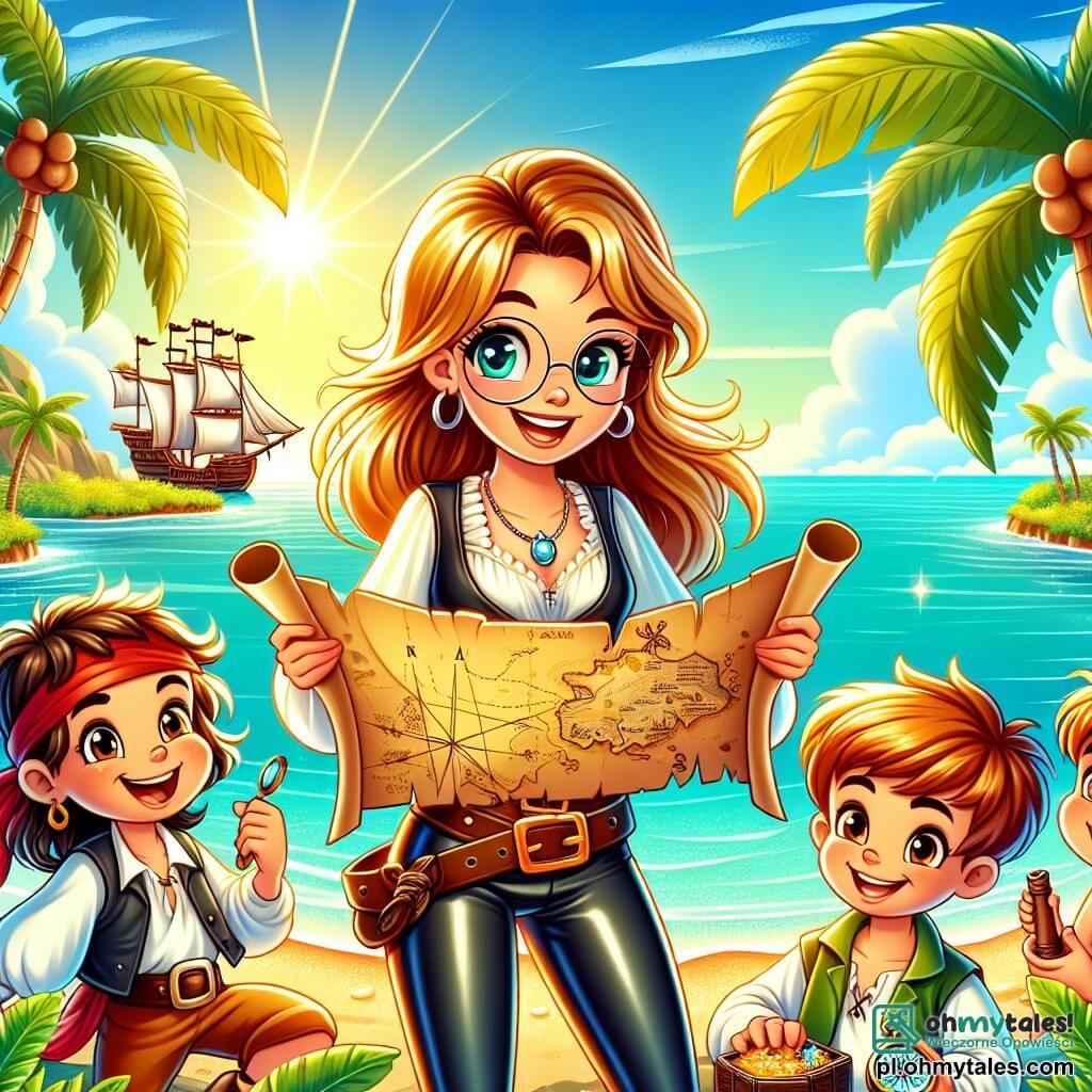 Une illustration sous forme de dessin destinée aux enfants représentant une île tropicale ensoleillée avec des palmiers et une mer turquoise, où une courageuse pirate aux longs cheveux dorés et aux yeux pétillants, vêtue d'un pantalon en cuir et d'une chemise blanche, examine une vieille carte au trésor, entourée de son fidèle équipage : un garçon aux cheveux bruns et aux lunettes, qui tient une boussole, une fille aux cheveux roux et aux bras chargés de plantes médicinales, et un grand homme au sourire amical, tous impatients de partir à l'aventure pour découvrir un trésor caché.