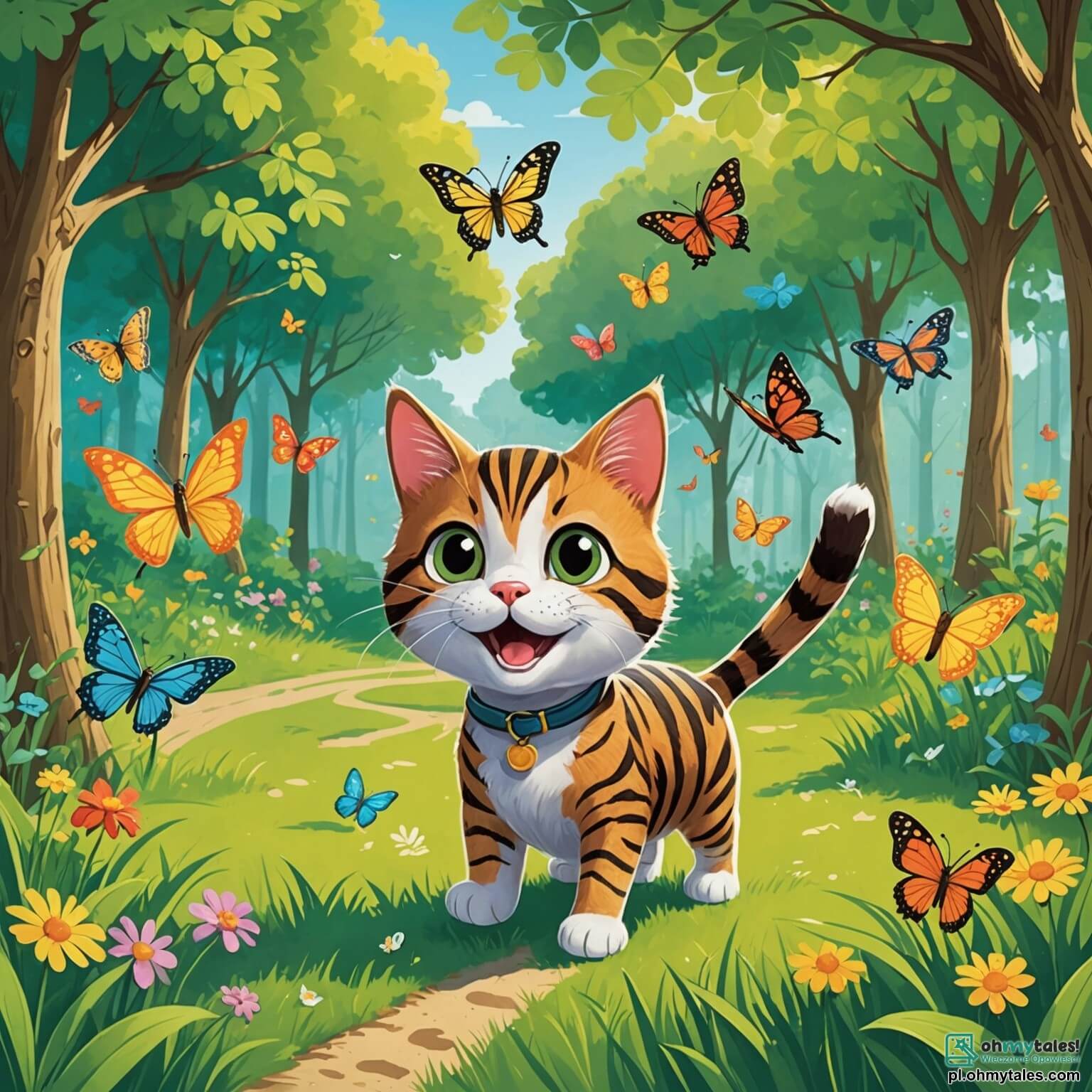 Une illustration destinée aux enfants représentant un chat espiègle au pelage tigré, aux yeux pétillants de malice, se lançant dans une aventure hilarante pour attraper des papillons colorés dans un parc ensoleillé, où de grands arbres aux feuilles verdoyantes dansent doucement au gré du vent, tandis qu'un chien joyeux, loyal compagnon du chat, l'encourage depuis un coin de l'herbe, tout en aboyant joyeusement.