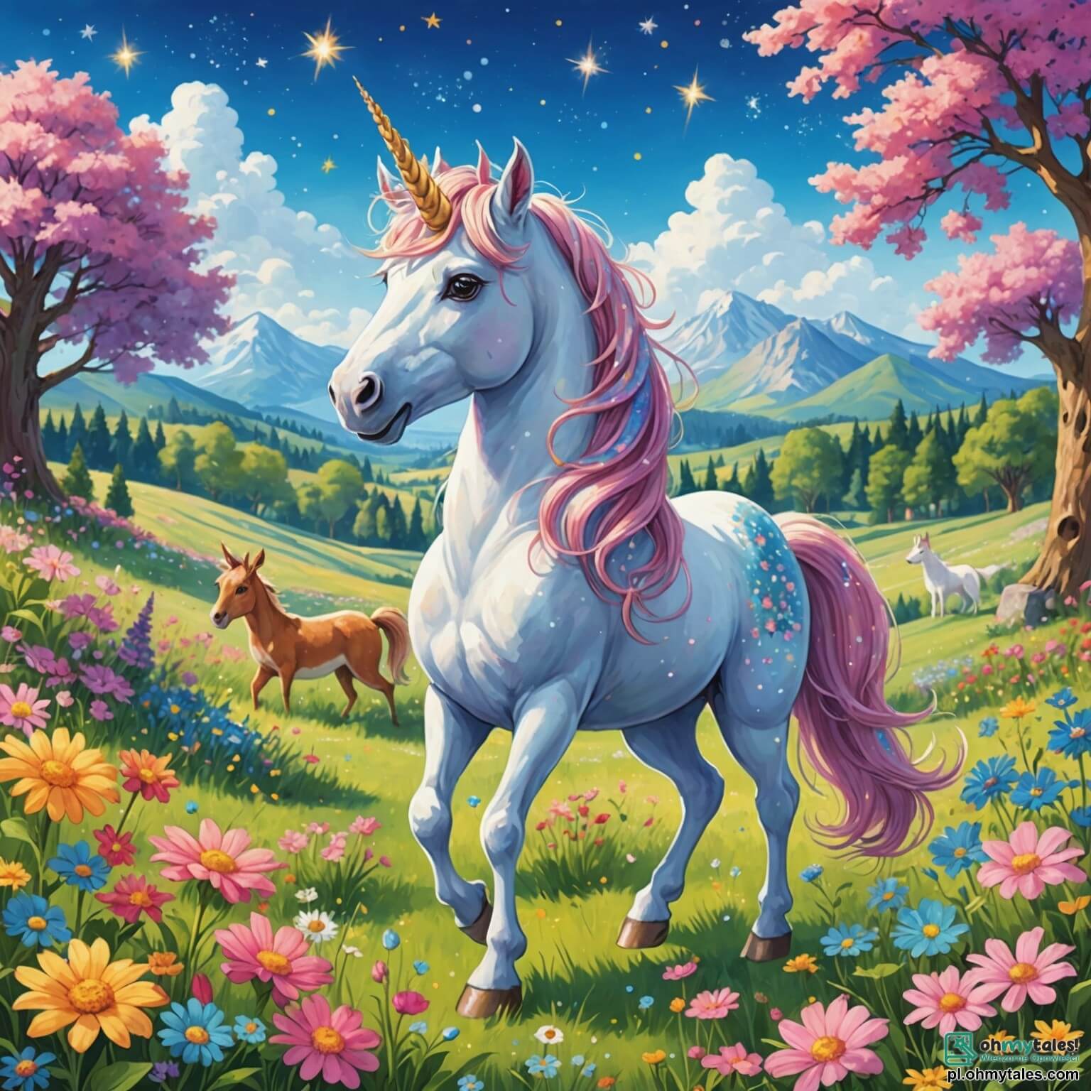 Une illustration destinée aux enfants représentant une magnifique licorne aux crins chatoyants, scintillant comme des étoiles dans un ciel d'azur, se tenant fièrement au milieu d'une prairie enchantée où des fleurs multicolores dansent au gré du vent, entourée de ses amis rigolos, un petit lapin aux grandes oreilles roses, toujours prêt à faire des blagues, et un écureuil espiègle aux yeux pétillants, alors qu'ils tentent ensemble de retrouver la précieuse arc-en-ciel qui a disparu, plongeant ainsi dans une aventure pleine de rires et de surprises dans ce monde magique où chaque brin d'herbe semble murmurer des secrets de bonheur.