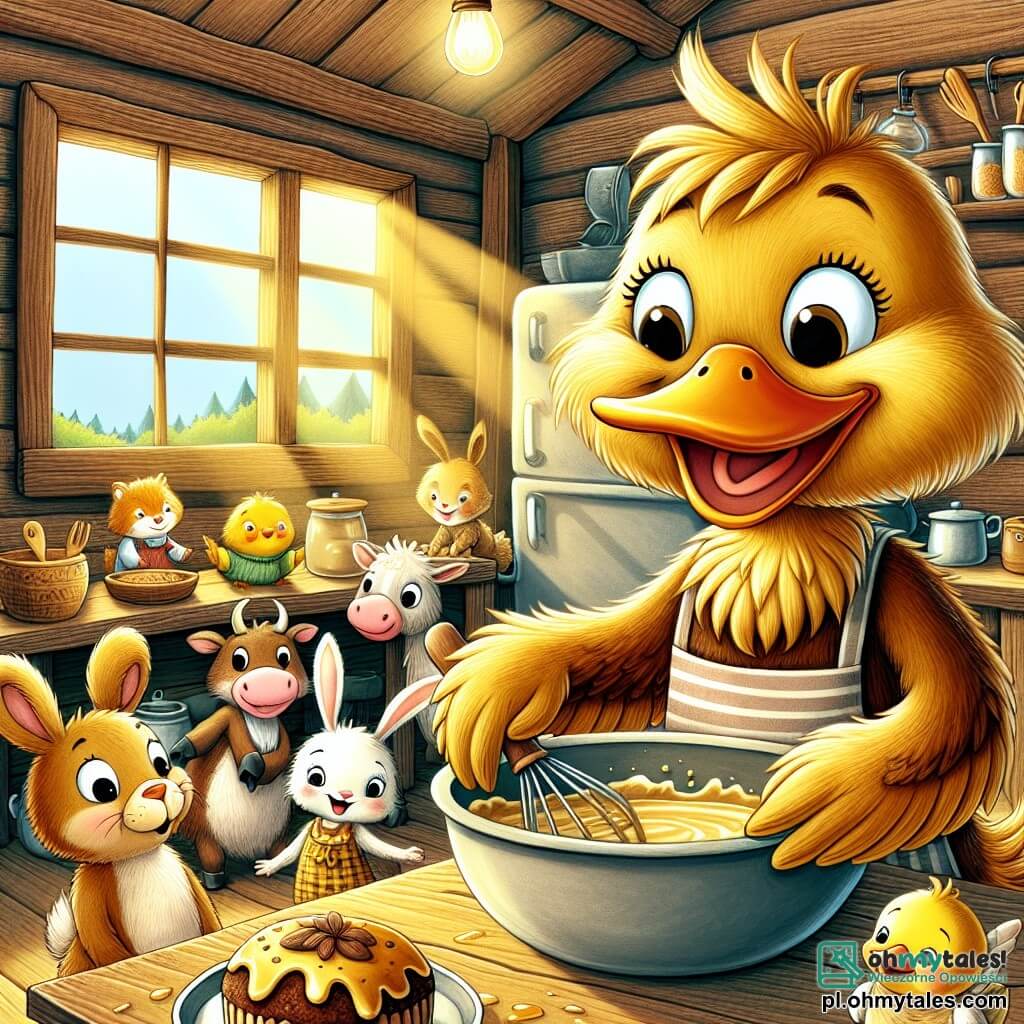 Une illustration sous forme de dessin destinée aux enfants représentant une charmante cuisine rustique avec des murs en bois et une grande fenêtre laissant entrer la lumière du soleil, où un canard aux plumes dorées et au sourire espiègle mélange joyeusement des ingrédients dans un grand bol, tandis qu'un petit lapin aux grandes oreilles et au pelage brun observe avec curiosité, et une bande de petits animaux, dont une vache et une souris, se regroupe autour d'une table, tous impatients de goûter le délicieux gâteau qui est en train d'être préparé, créant une atmosphère de fête et de camaraderie.