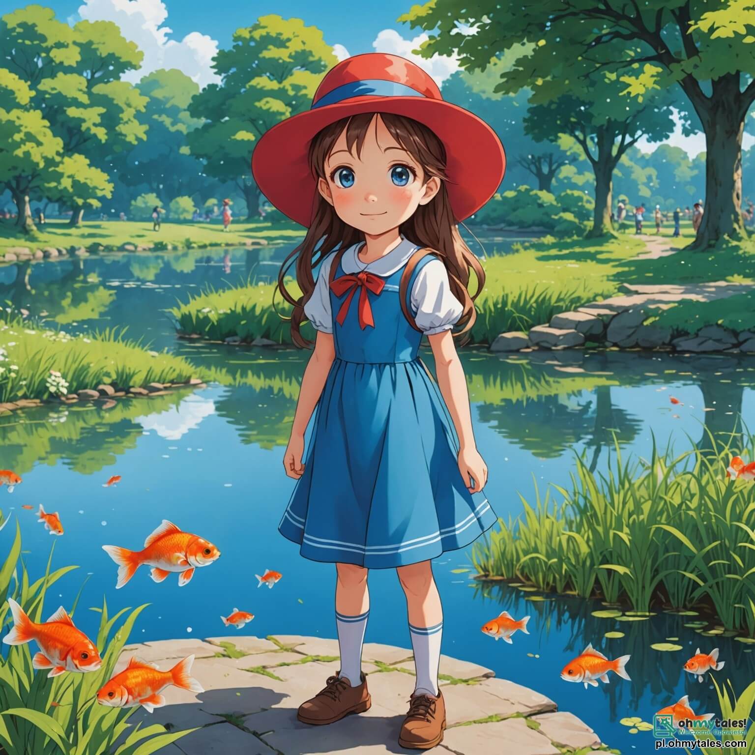 Une illustration destinée aux enfants représentant une jeune fille au regard pétillant et déterminé, avec de longs cheveux bruns tressés, vêtue d'une robe bleue éclatante et d'un chapeau rouge, se tenant fièrement au bord d'un paisible parc ensoleillé, où les rires des enfants résonnent autour d'un petit étang aux eaux scintillantes, tandis qu'elle mène une enquête palpitante pour retrouver une précieuse petite poisson rouge volée, accompagnée de deux de ses amis, un garçon aux cheveux blonds espiègles et un autre garçon aux lunettes rondes, tous deux impatients de résoudre ce mystère dans ce cadre enchanteur où les arbres majestueux dansent doucement sous la brise légère et où les fleurs colorées ajoutent une touche de magie à leur aventure.