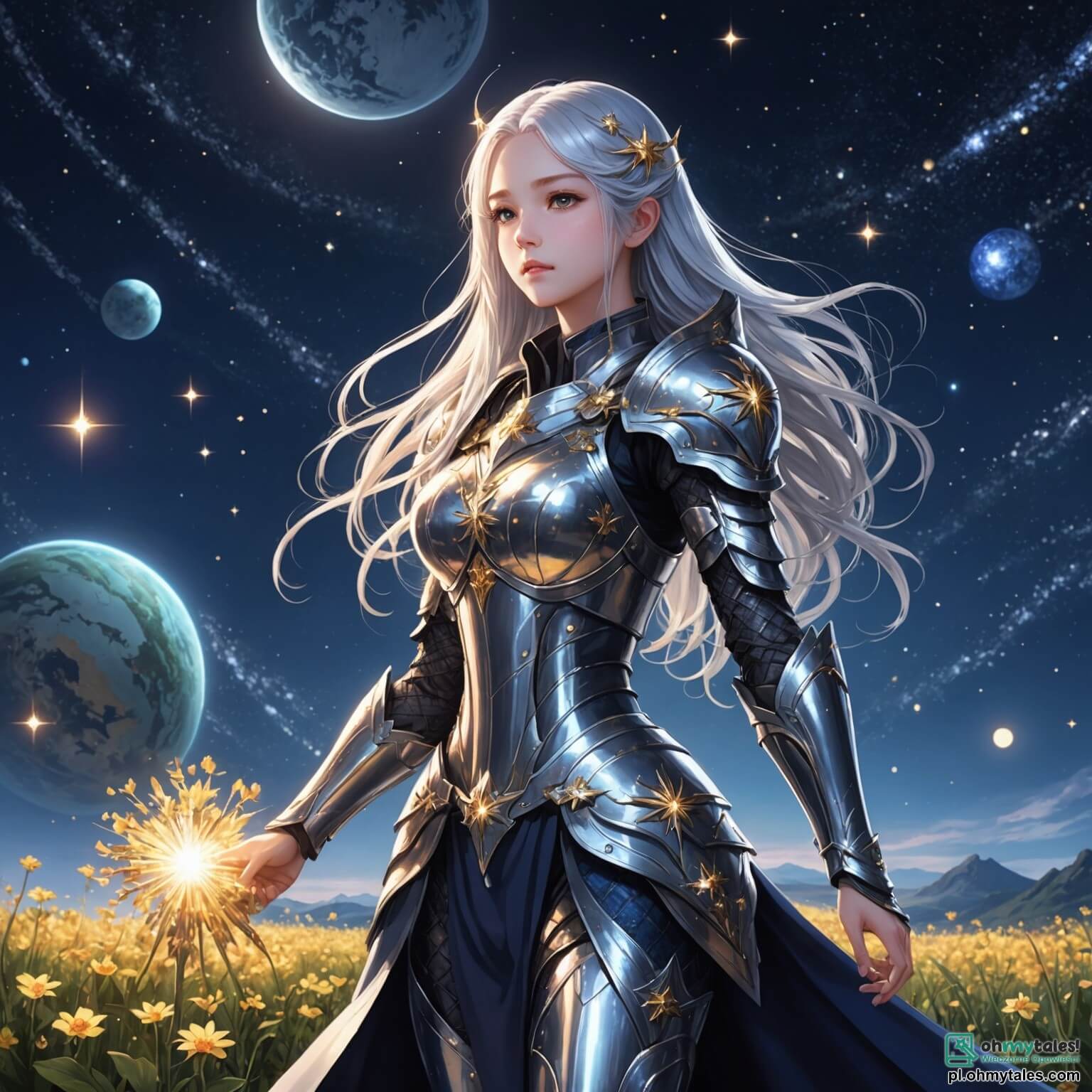 Une illustration destinée aux enfants représentant une jeune femme aux longs cheveux argentés scintillant comme des étoiles dans l'immensité d'un ciel nocturne, vêtue d'une armure étincelante qui capte la lumière des planètes lointaines, se tenant courageusement sur la surface d'une planète magique appelée Luminara, où des champs de fleurs luminescentes dansent au gré d'une brise légère, tandis qu'un petit compagnon ailé, un garçon espiègle au regard pétillant, flotte à ses côtés, tous deux déterminés à explorer les mystères d'un artefact mystérieux qui les appelle à travers les galaxies, dans un monde où la technologie et la magie s'entrelacent comme les couleurs d'un arc-en-ciel vibrant.