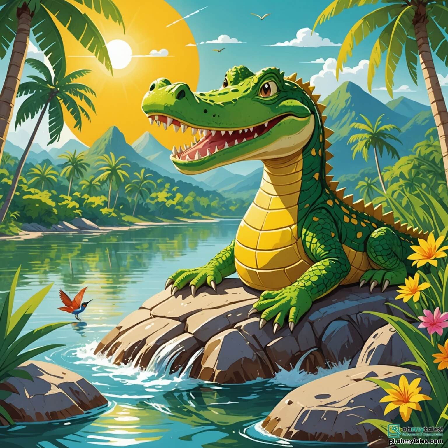 Une illustration destinée aux enfants représentant un crocodile au sourire malicieux, dont la peau verte et luisante scintille sous les rayons dorés du soleil, se prélassant sur une grande pierre plate au bord d'une rivière aux eaux cristallines, entourée de majestueux palmiers aux feuilles dansantes, de fleurs éclatantes aux couleurs vives et de chants d'oiseaux exubérants, alors qu'il se lance dans une aventure palpitante pour aider un petit lapin perdu, dont les grandes oreilles frémissent d'inquiétude, à retrouver son chemin vers sa maison douillette, cachée dans un coin secret de cette jungle luxuriante et pleine de mystères.