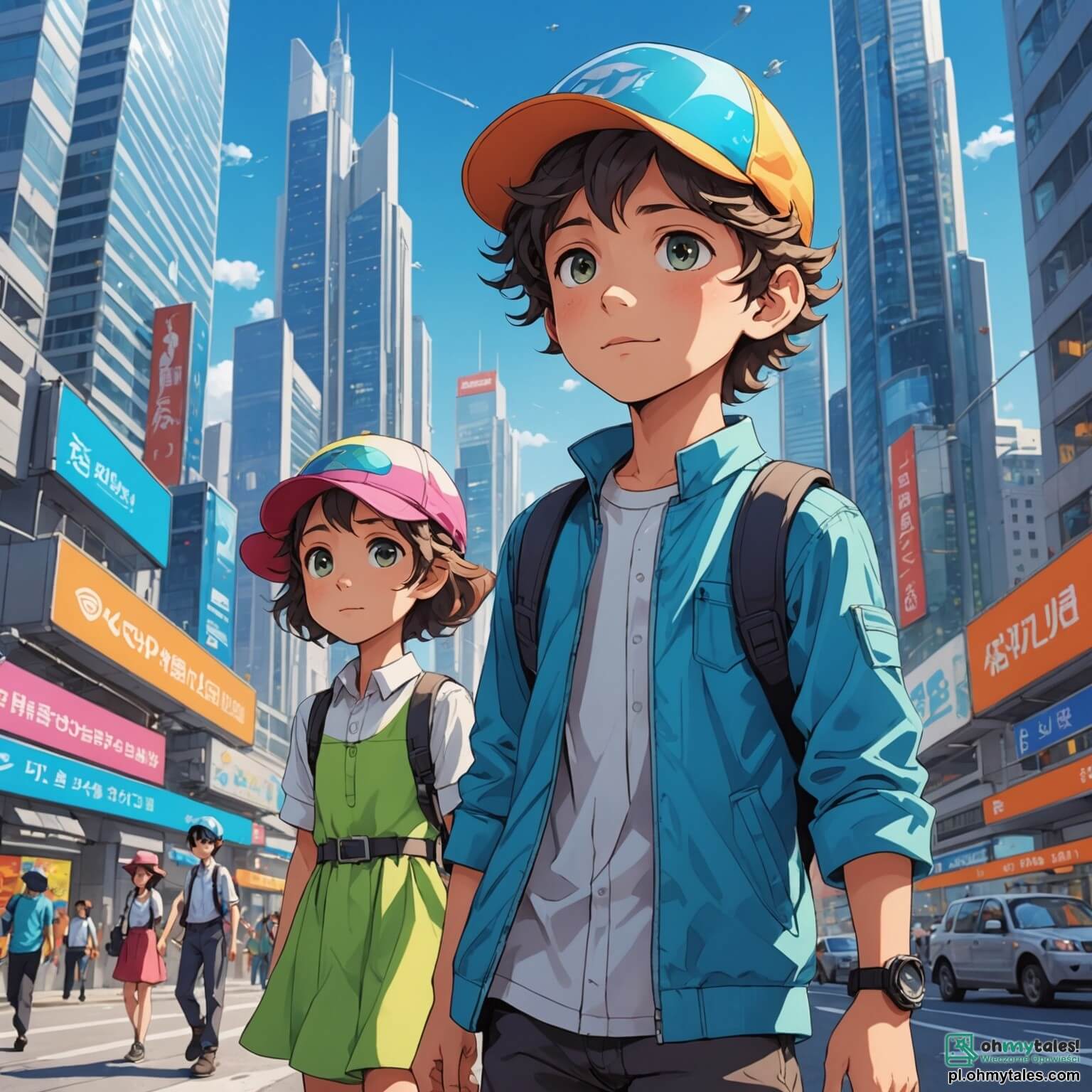 Une illustration destinée aux enfants représentant un garçon aux yeux pétillants de curiosité, coiffé d'une casquette colorée, déambulant dans les rues scintillantes d'une ville futuriste où des gratte-ciels aux façades en verre réfléchissant le ciel azur se dressent comme des géants bienveillants, tandis que des véhicules volants glissent silencieusement au-dessus de sa tête, et où il croise une jeune fille aux cheveux bouclés et à la robe lumineuse qui, avec un sourire complice, l'invite à explorer ensemble les merveilles technologiques du parc interactif, où des robots amicaux et des écrans holographiques dansent autour d'eux, créant une atmosphère magique et pleine de promesses d'aventures à chaque coin de rue.