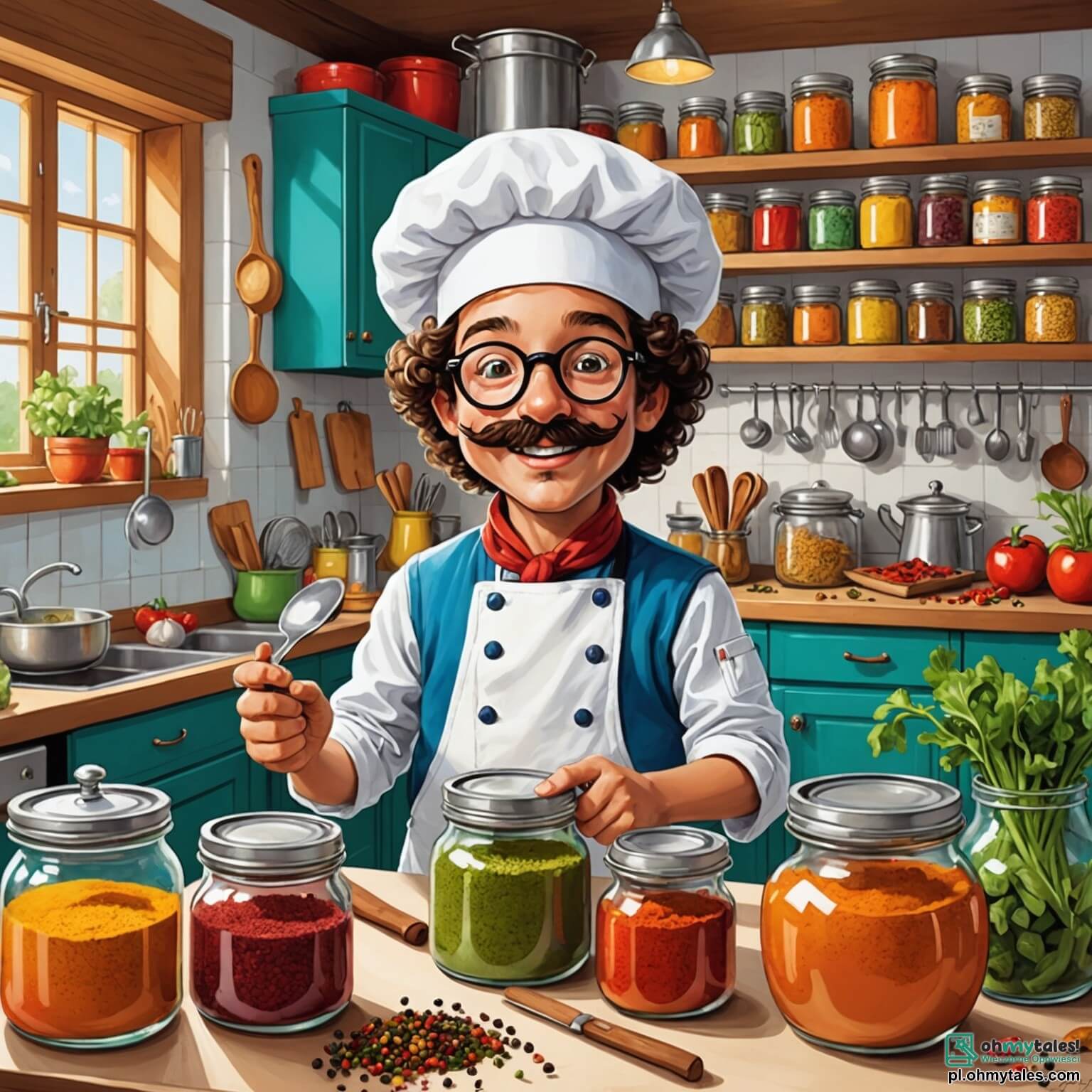 Une illustration destinée aux enfants représentant un chef cuisinier jovial, un homme à la toque blanche éclatante et à la moustache bien taillée, s'affairant dans une cuisine lumineuse et colorée, où les murs sont ornés de pots d'épices aux teintes vives et de tableaux de légumes souriants, tandis qu'une petite fille aux cheveux bouclés, pleine d'enthousiasme, et son ami, un garçon aux lunettes rondes et au sourire malicieux, l'observent avec émerveillement, impatients d'apprendre les secrets des plats délicieux qu'il prépare avec amour et créativité.