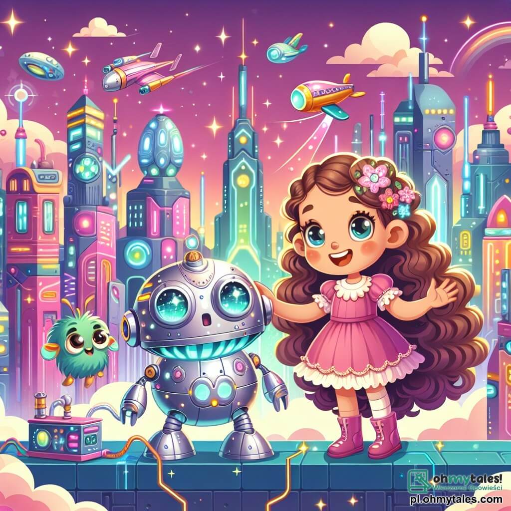 Une illustration sous forme de dessin destinée aux enfants représentant une ville futuriste colorée, avec des bâtiments scintillants et des lumières néon dans le ciel, où une fille de 5 ans aux longs cheveux bouclés et portant une robe rose à volants, souriante, se tient aux côtés de son robot argenté aux yeux brillants, tandis qu'une petite créature verte aux grands yeux et aux longues oreilles, flottant dans les airs, les regarde avec espoir, alors qu'ils travaillent ensemble pour réparer des machines volantes, symbolisant l'amitié et la coopération.