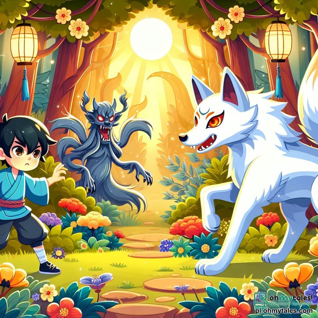 Une illustration sous forme de dessin destinée aux enfants représentant une clairière enchantée au cœur d'une forêt japonaise, baignée de lumière dorée, où un jeune garçon aux cheveux noirs et aux yeux pétillants, vêtu d'un kimono bleu, se tient courageusement face à un majestueux kitsune à neuf queues, dont le pelage argenté brille sous le soleil, tandis qu'ils affrontent ensemble un démon aux yeux rouges et aux griffes acérées, symbolisant le combat entre le bien et le mal, entourés de fleurs colorées et d'arbres aux formes fantastiques.