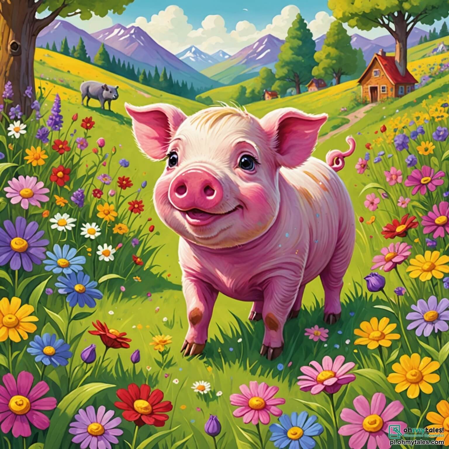 Une illustration destinée aux enfants représentant un petit cochon rose aux yeux pétillants de curiosité, se tenant joyeusement au milieu d'une vaste prairie verdoyante parsemée de fleurs colorées dans des teintes éclatantes de jaune, violet et rouge, tandis qu'il s'apprête à partir à l'aventure à la recherche de nouveaux amis, entouré de ses compagnons, une malicieuse petite écureuil aux poils soyeux et un grand ours au pelage brun et doux, tous trois se tenant près d'un scintillant ruisseau qui serpente à travers le paysage, reflétant le ciel bleu azur et les nuages cotonneux, créant ainsi une scène pleine de vie et de promesses d'amitié.