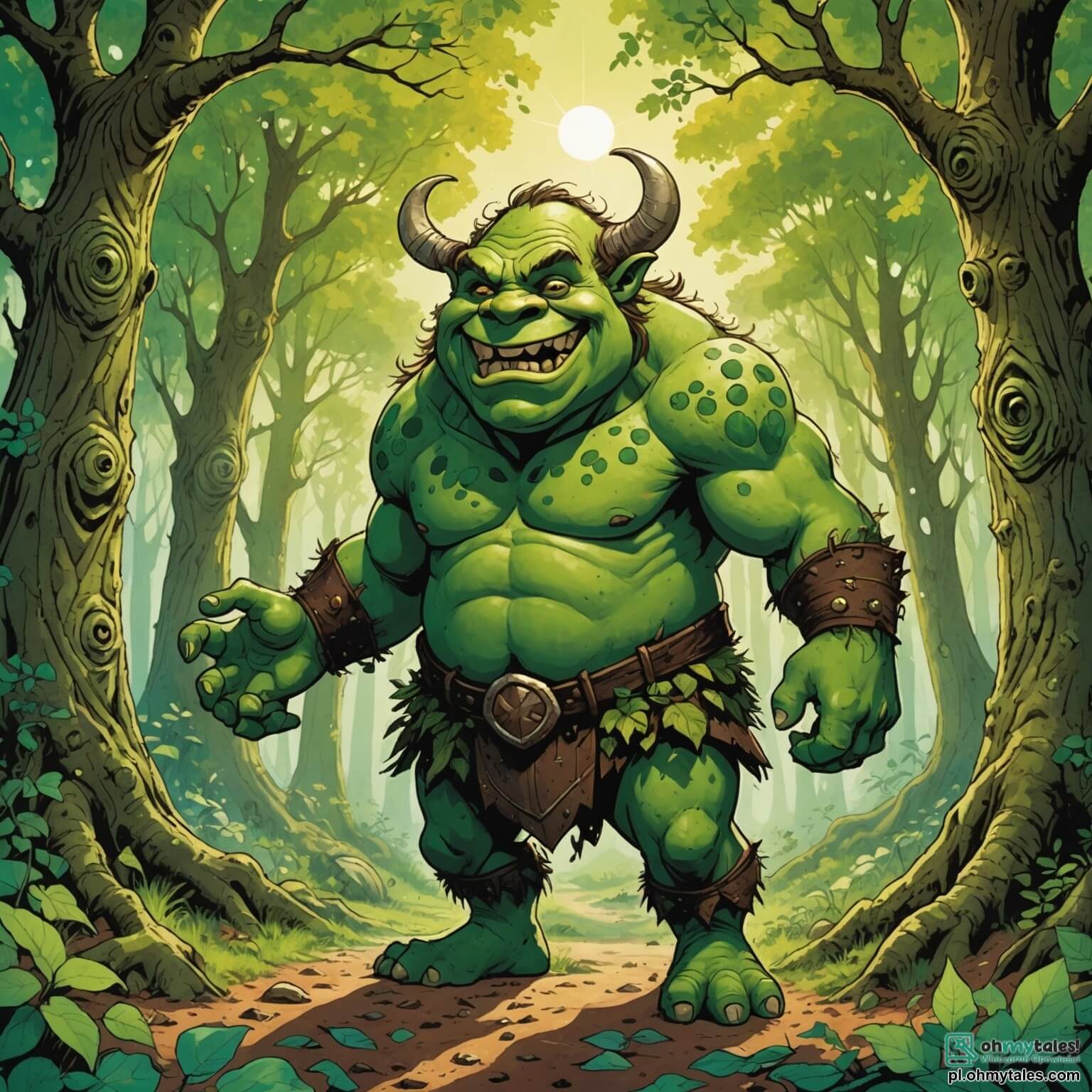 Une illustration destinée aux enfants représentant un ogre au cœur d'une forêt enchantée, avec une peau d'un vert éclatant parsemée de taches brunes, des yeux pétillants de malice et un sourire large dévoilant des dents pointues, se tenant devant une immense clairière bordée d'arbres aux troncs noueux et tortueux, dont les feuilles scintillent comme des émeraudes sous les rayons du soleil, alors qu'il rêve de préparer un festin de gâteaux colorés avec l'aide de sa meilleure amie, une petite fée aux ailes iridescentes et aux cheveux dorés, qui vole autour de lui en lançant des étincelles de magie, tandis qu'un groupe de créatures fantastiques, comme des lutins espiègles et des licornes majestueuses, s'assemble curieusement pour admirer les préparatifs dans ce lieu où les fleurs chantent et les ruisseaux murmurent des secrets.