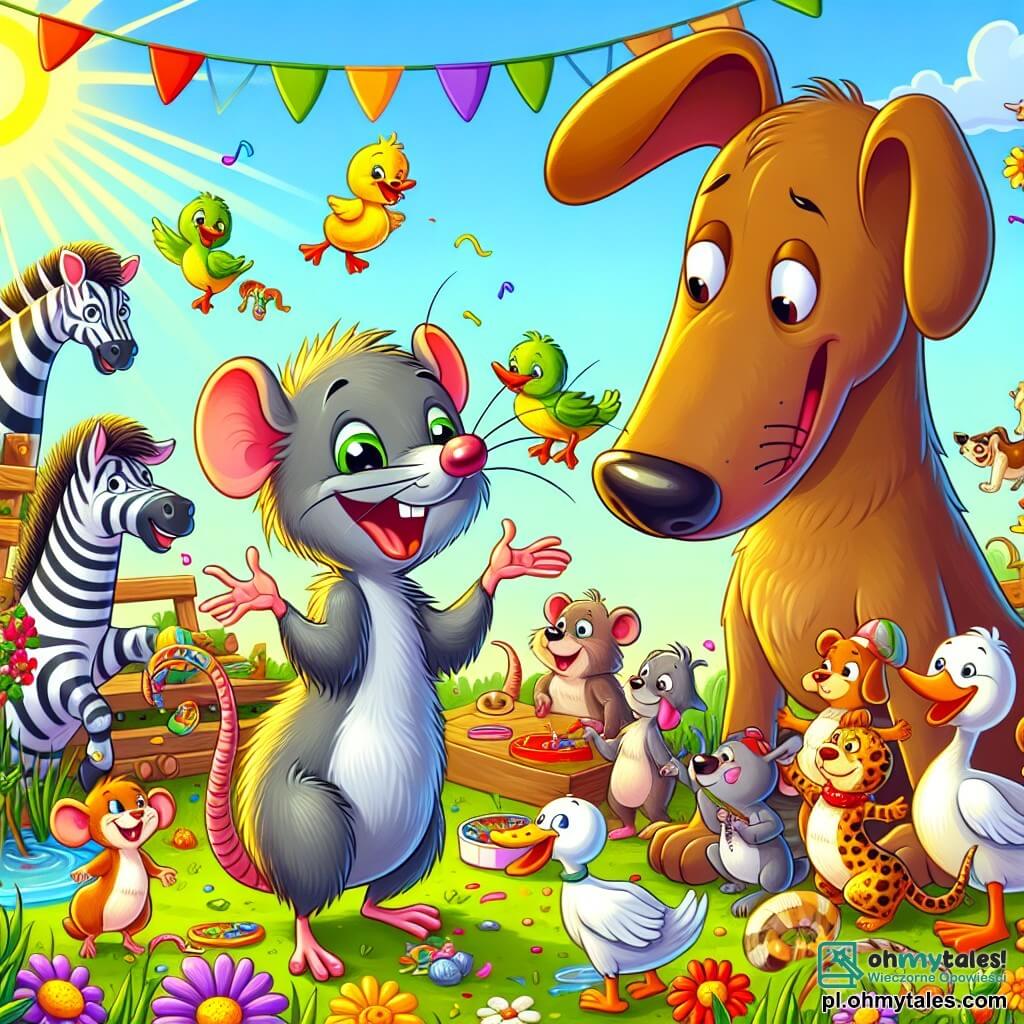 Une illustration sous forme de dessin destinée aux enfants représentant une scène colorée d'une polonaise ensoleillée, où un petit rat au pelage gris et aux yeux verts pétillants, souriant et plein de malice, invite un grand chien brun aux oreilles tombantes et au regard curieux à se joindre à une fête joyeuse entourée d'animaux, tels qu'un zèbre rayé et une canne à pêche, tous en train de danser et de déguster des friandises, tandis que des fleurs colorées et des arbres verdoyants créent une atmosphère festive et amicale.