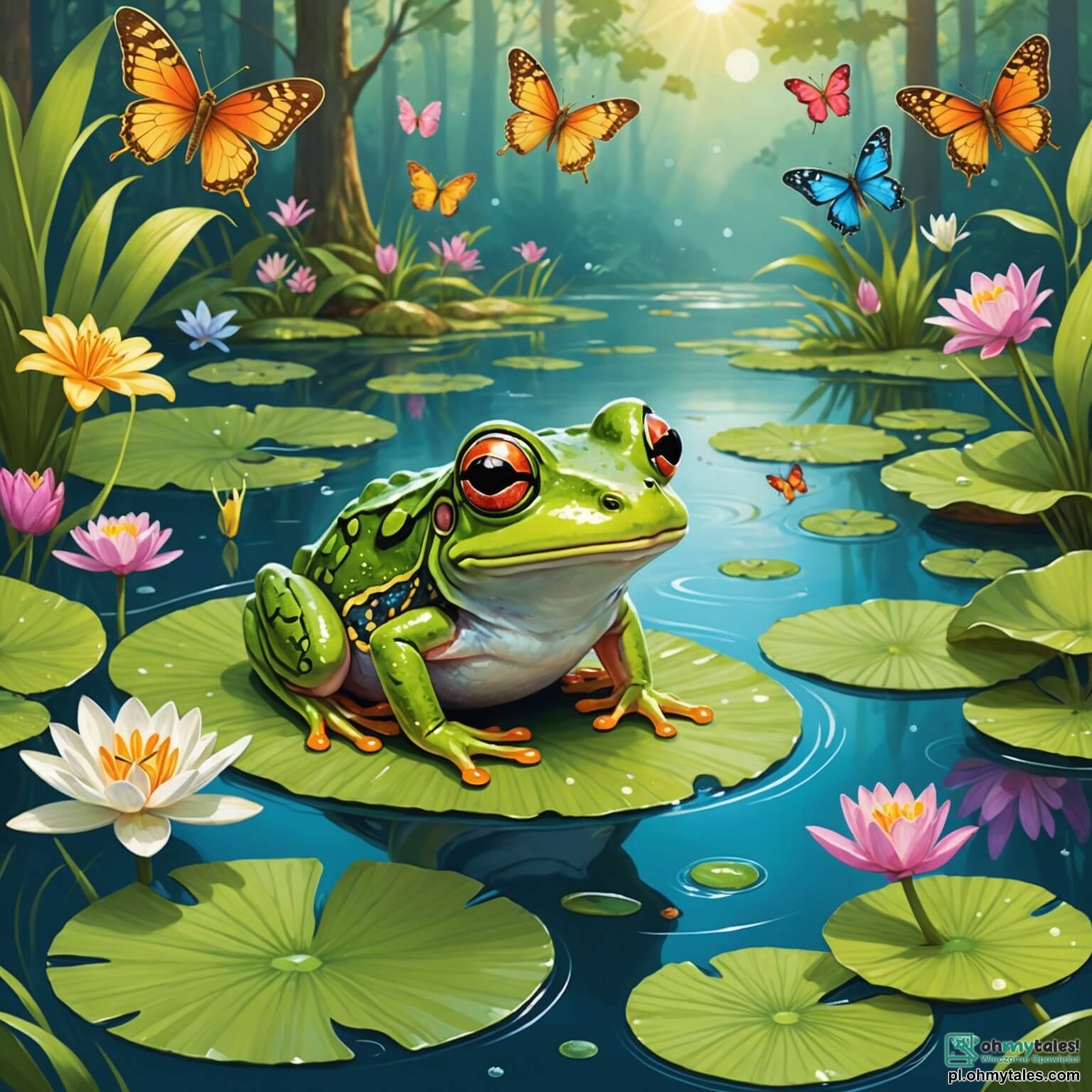 Une illustration destinée aux enfants représentant une petite grenouille verte aux yeux pétillants, sautillant joyeusement sur des nénuphars délicats au milieu d'un étang scintillant, entourée de fleurs colorées et de papillons virevoltants, tandis qu'elle rêve d'aventures palpitantes dans la forêt voisine, où elle rencontre une sage chouette perchée sur une branche noueuse et une espiègle écureuil aux poils soyeux, tous deux prêts à l'aider à surmonter les défis de son voyage enchanté.