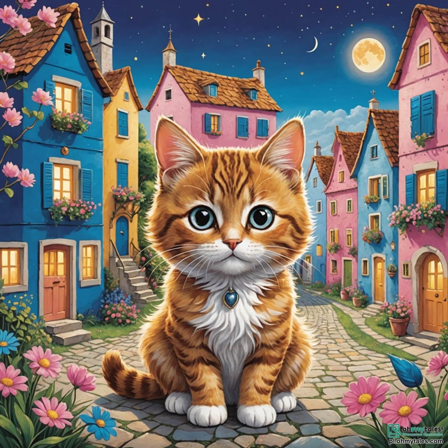 Une illustration destinée aux enfants représentant un chat aux yeux pétillants comme des étoiles, avec un pelage doux et soyeux aux teintes dorées, se faufilant avec agilité à travers un village pittoresque aux maisons colorées aux volets bleus et roses, où les fleurs aux mille couleurs dansent au gré du vent, tandis qu'il part à l'aventure pour découvrir un mystérieux jardin enchanté, accompagné d'un sage hibou aux plumes argentées, perché sur une branche, qui lui murmure des secrets anciens sur les merveilles cachées de la forêt voisine, où les rayons du soleil filtrent à travers les feuillages denses, créant un jeu d'ombres et de lumières féeriques.