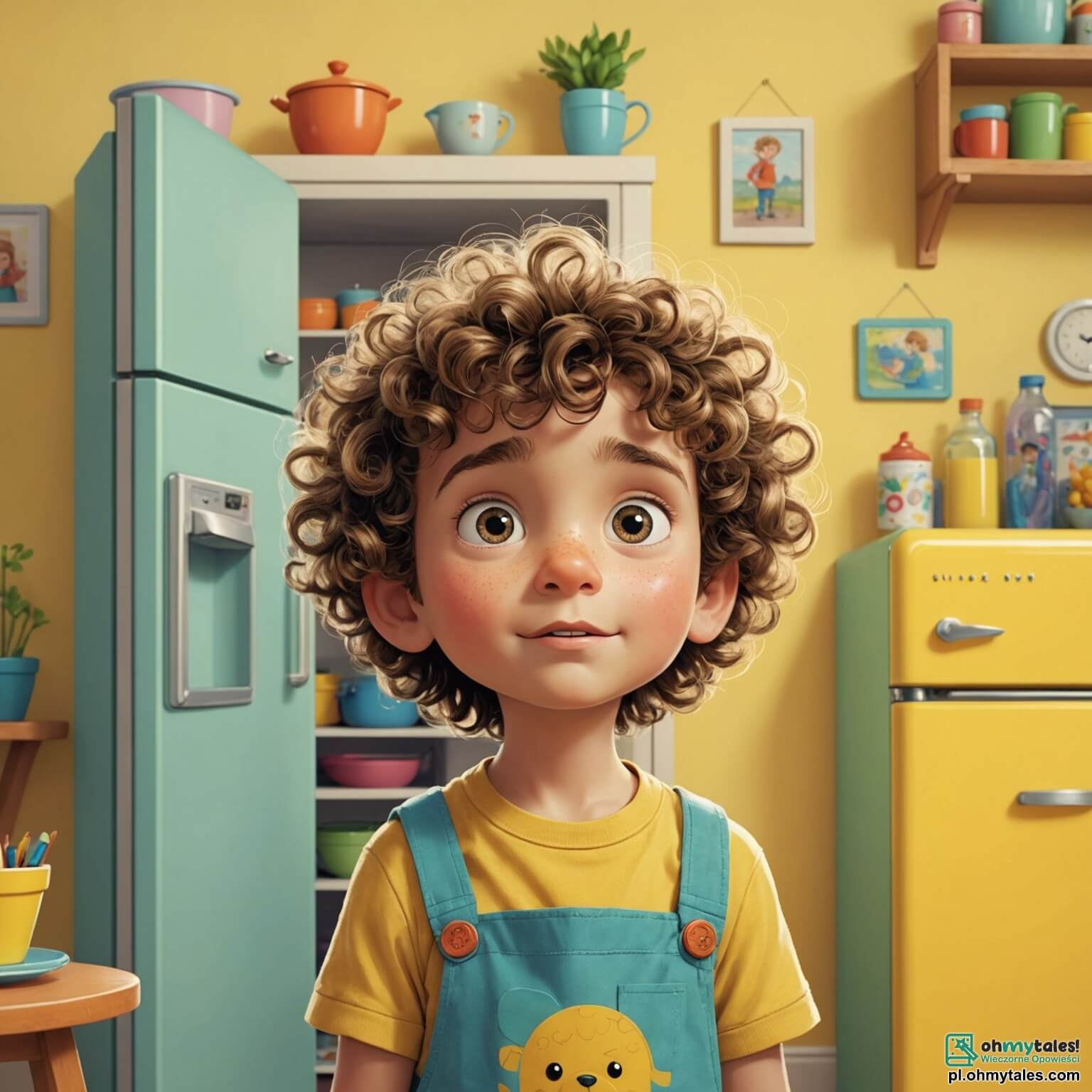 Une illustration destinée aux enfants représentant un petit garçon aux cheveux bouclés et ébouriffés, avec des yeux pétillants de curiosité, se tenant dans son chaleureux salon aux murs peints en jaune pastel, où des dessins colorés décorent le réfrigérateur, tandis qu'il observe ses parents, une maman douce au sourire réconfortant et un papa au regard sérieux, discuter avec des expressions préoccupées, évoquant la séparation qui les éloigne, mais qui ne diminue en rien l'amour qu'ils lui portent, le tout se déroulant dans une maison pleine de souvenirs joyeux, où les rires d'un enfant résonnent encore malgré les changements qui s'annoncent.