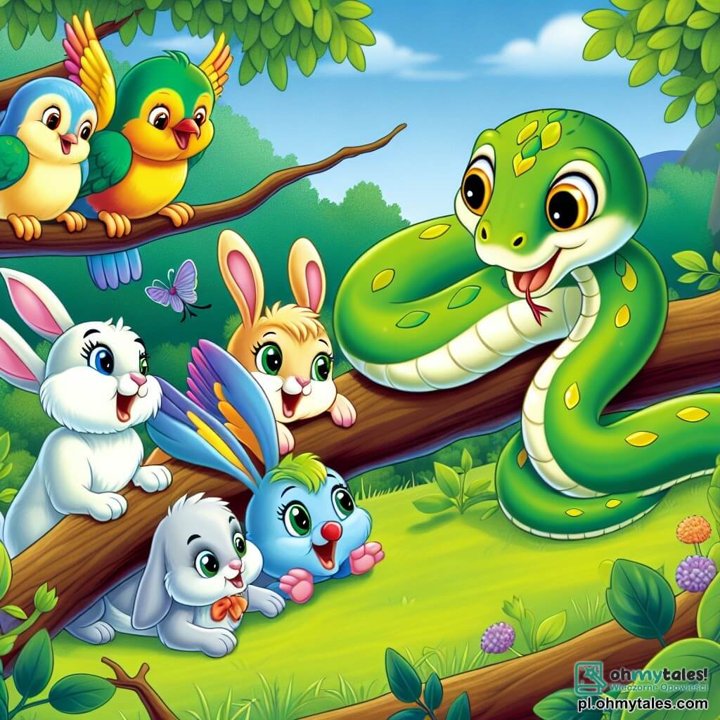 Une illustration sous forme de dessin destinée aux enfants représentant un paisible sous-bois verdoyant, où un petit serpent aux écailles vertes brillantes et aux yeux dorés, allongé sur une branche, regarde avec émerveillement un groupe d'animaux colorés, dont un joyeux lapin aux grandes oreilles et un oiseau aux plumes éclatantes, qui s'apprêtent à glisser ensemble sur une pente herbeuse, illustrant l'esprit d'aventure et de camaraderie qui les unit dans leur quête de bonheur.