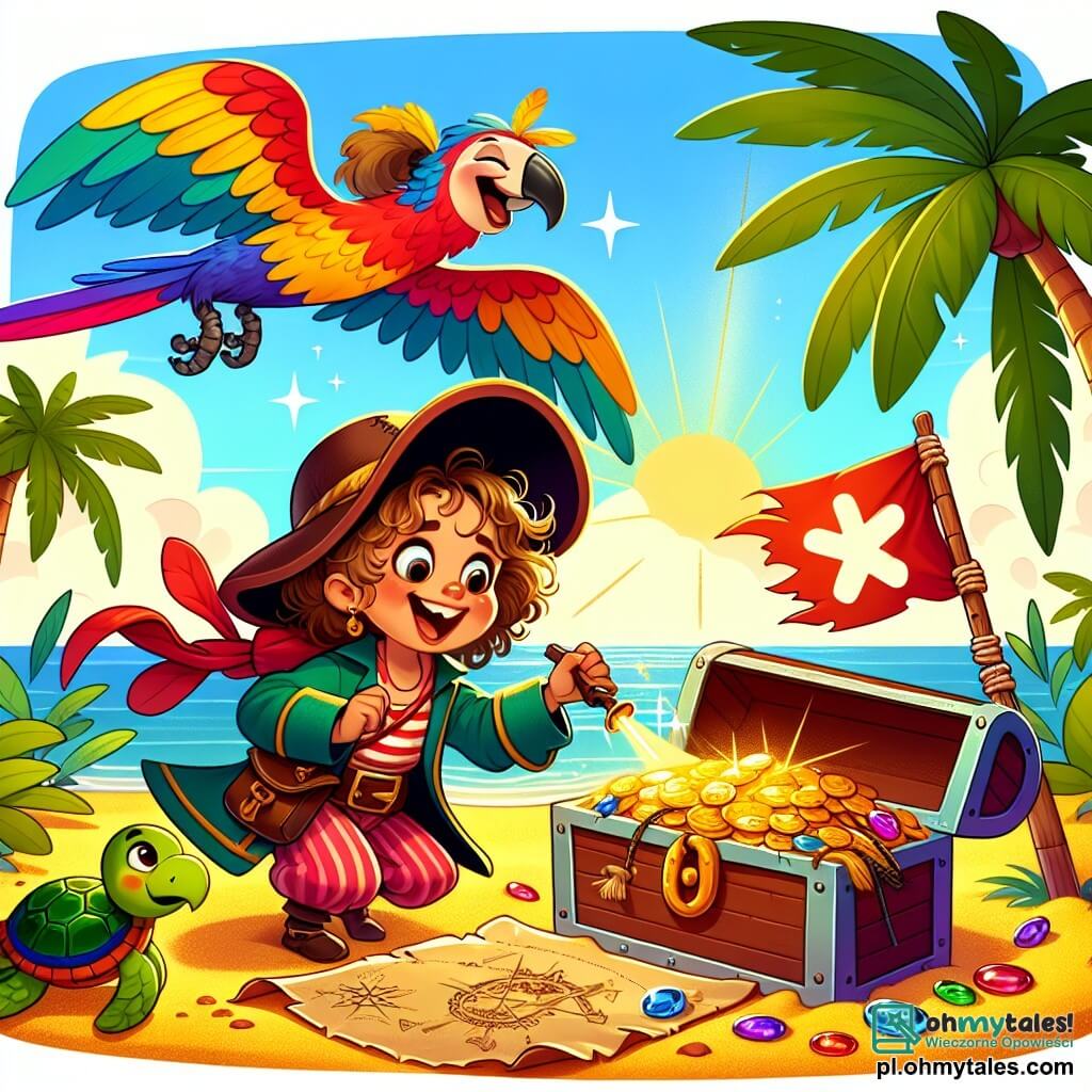 Une illustration sous forme de dessin destinée aux enfants représentant une île tropicale ensoleillée avec des palmiers et une plage de sable doré, où une courageuse pirate aux cheveux longs et bouclés, portant un chapeau à large bord et un manteau coloré, creuse avec enthousiasme dans le sable à côté d'une grande croix rouge marquée sur une vieille carte au trésor, tandis qu'une joyeuse papouille aux plumes multicolores vole au-dessus d'elle en criant et un petit tortue marine, au regard curieux, observe la scène, alors qu'ils découvrent ensemble un coffre rempli de pièces d'or scintillantes et de joyaux colorés.