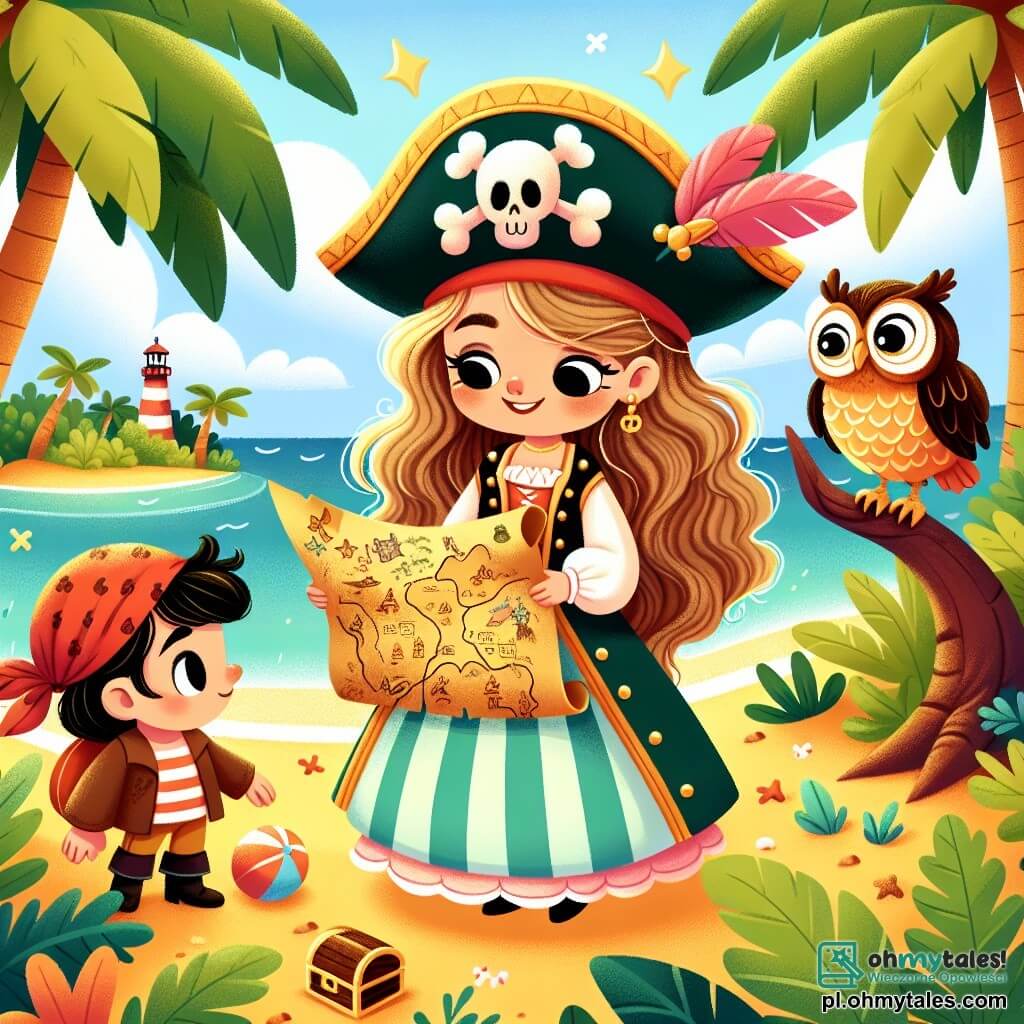 Une illustration sous forme de dessin destinée aux enfants représentant une île tropicale avec des palmiers verdoyants et une plage de sable doré, où une courageuse capitaine pirate aux longs cheveux ondulés, portant un coloré chapeau orné d'un grand plumé, examine une vieille carte au trésor, tandis qu'un petit garçon aux vêtements de pirate, avec un bandana rouge, et une sage chouette aux plumes brillantes, l'observent attentivement, alors qu'ils se préparent à résoudre une énigme pour découvrir un trésor caché.